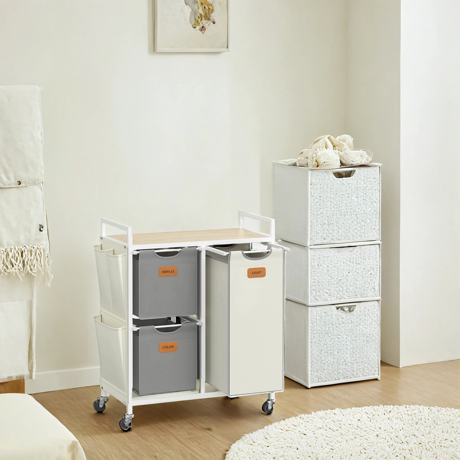 3-Compartment Laundry Sorter - Fabric - Natural Beige - Rolling Cart with Shelves and Removable Liners