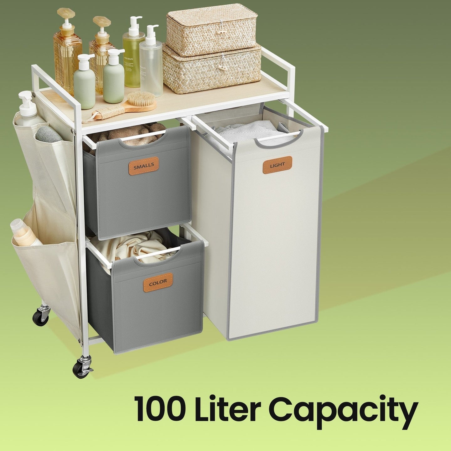 3-Compartment Laundry Sorter - Fabric - Natural Beige - Rolling Cart with Shelves and Removable Liners
