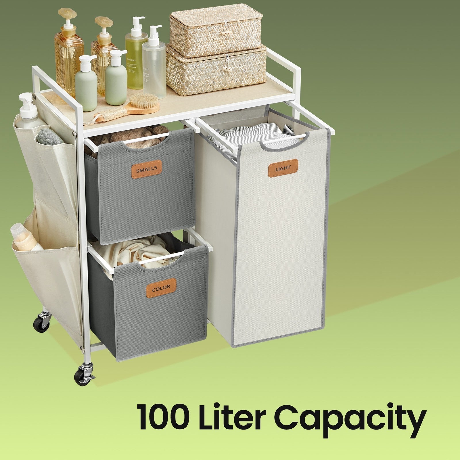 3-Compartment Laundry Sorter - Fabric - Natural Beige - Rolling Cart with Shelves and Removable Liners