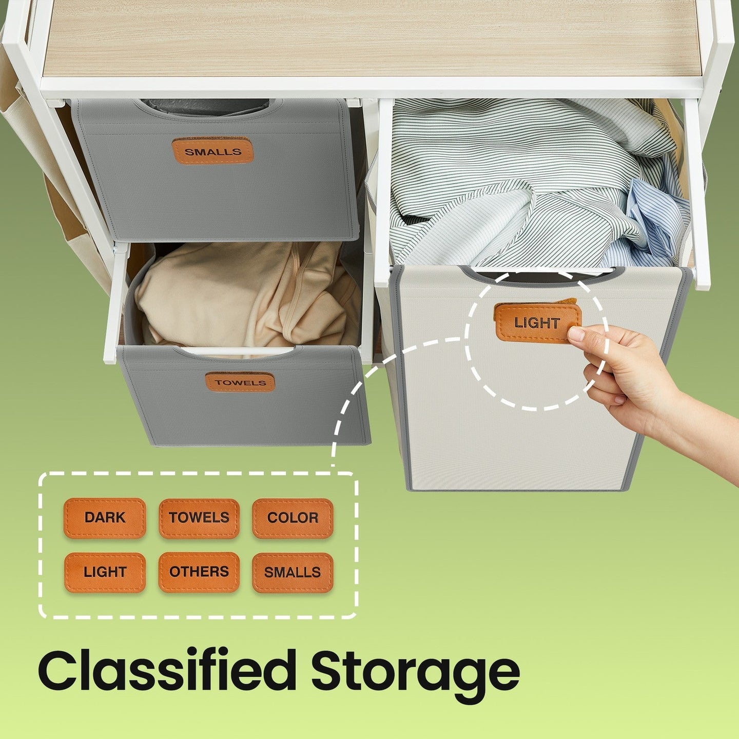 3-Compartment Laundry Sorter - Fabric - Natural Beige - Rolling Cart with Shelves and Removable Liners