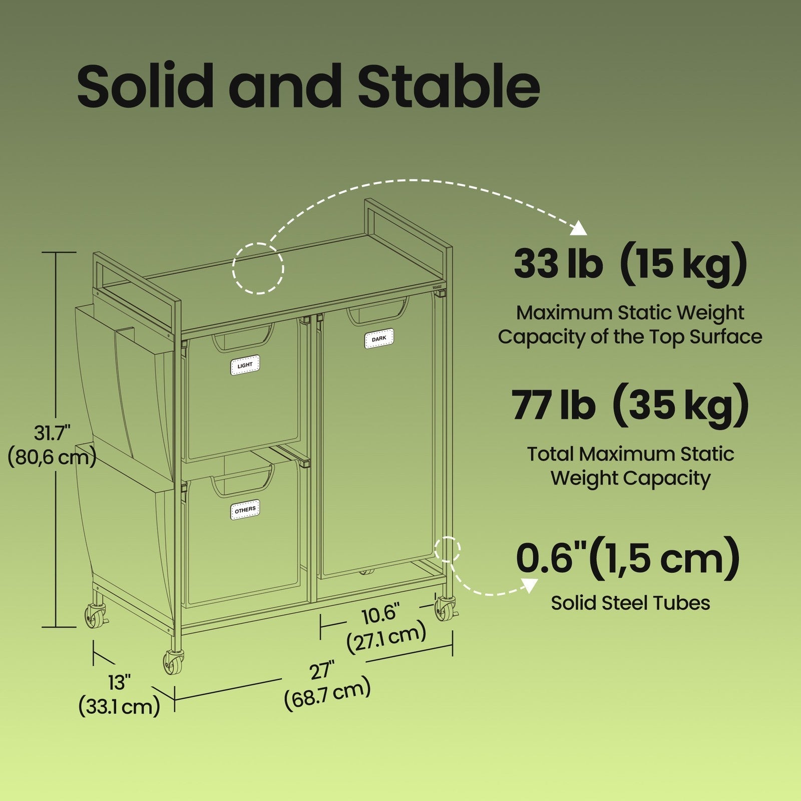 3-Compartment Laundry Sorter - Fabric - Natural Beige - Rolling Cart with Shelves and Removable Liners