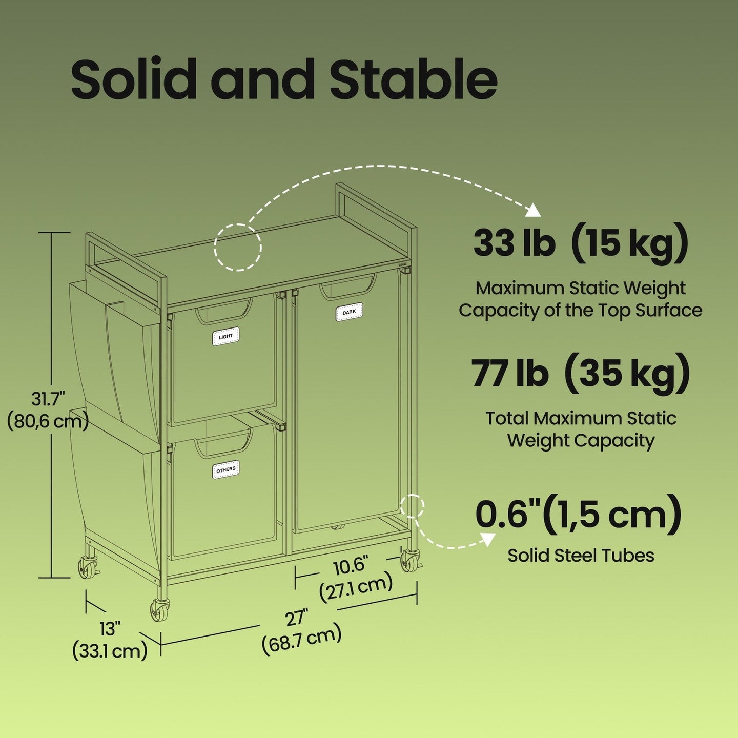 3-Compartment Laundry Sorter - Fabric - Natural Beige - Rolling Cart with Shelves and Removable Liners
