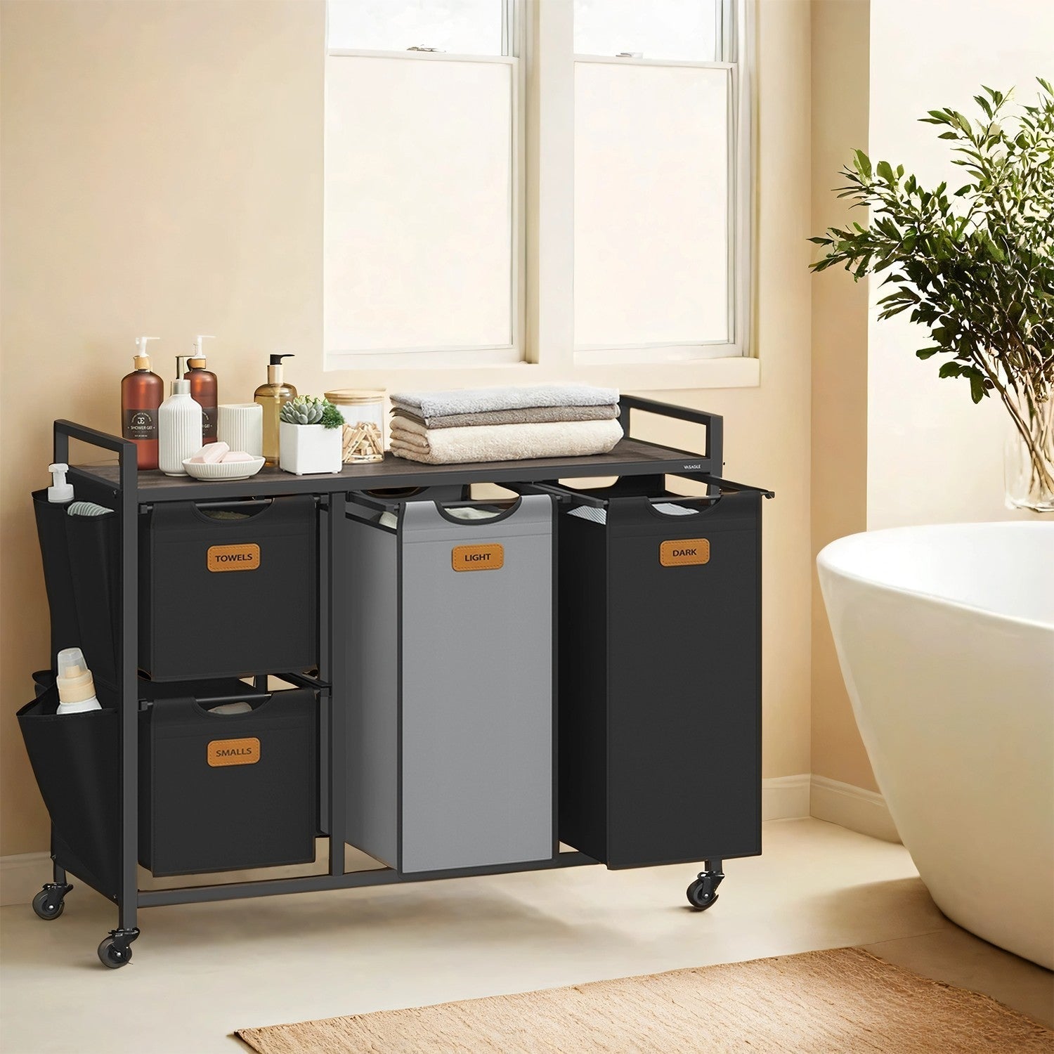 Laundry Sorter - Wood - Chestnut Brown - 4 Compartment with Shelves and Rolling Design