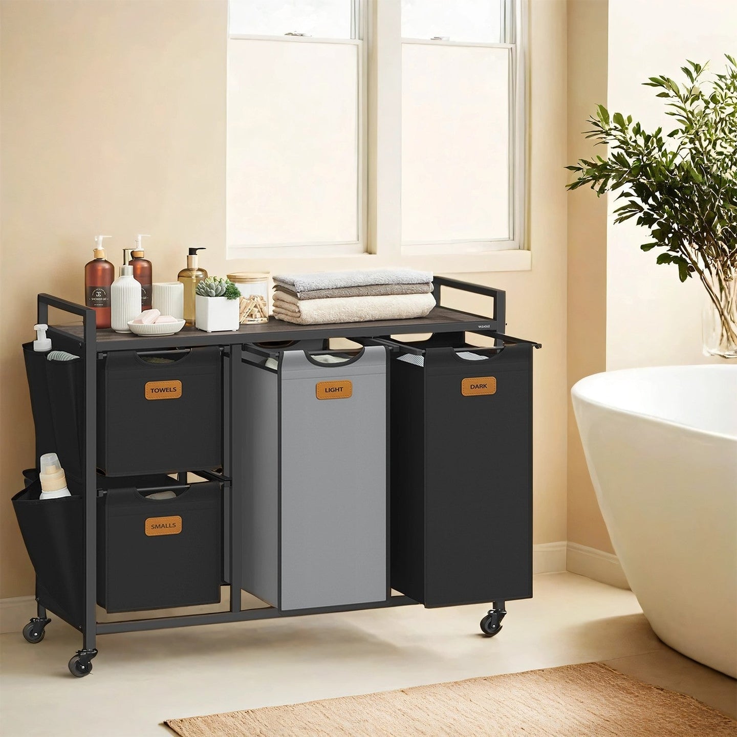 Laundry Sorter - Wood - Chestnut Brown - 4 Compartment with Shelves and Rolling Design