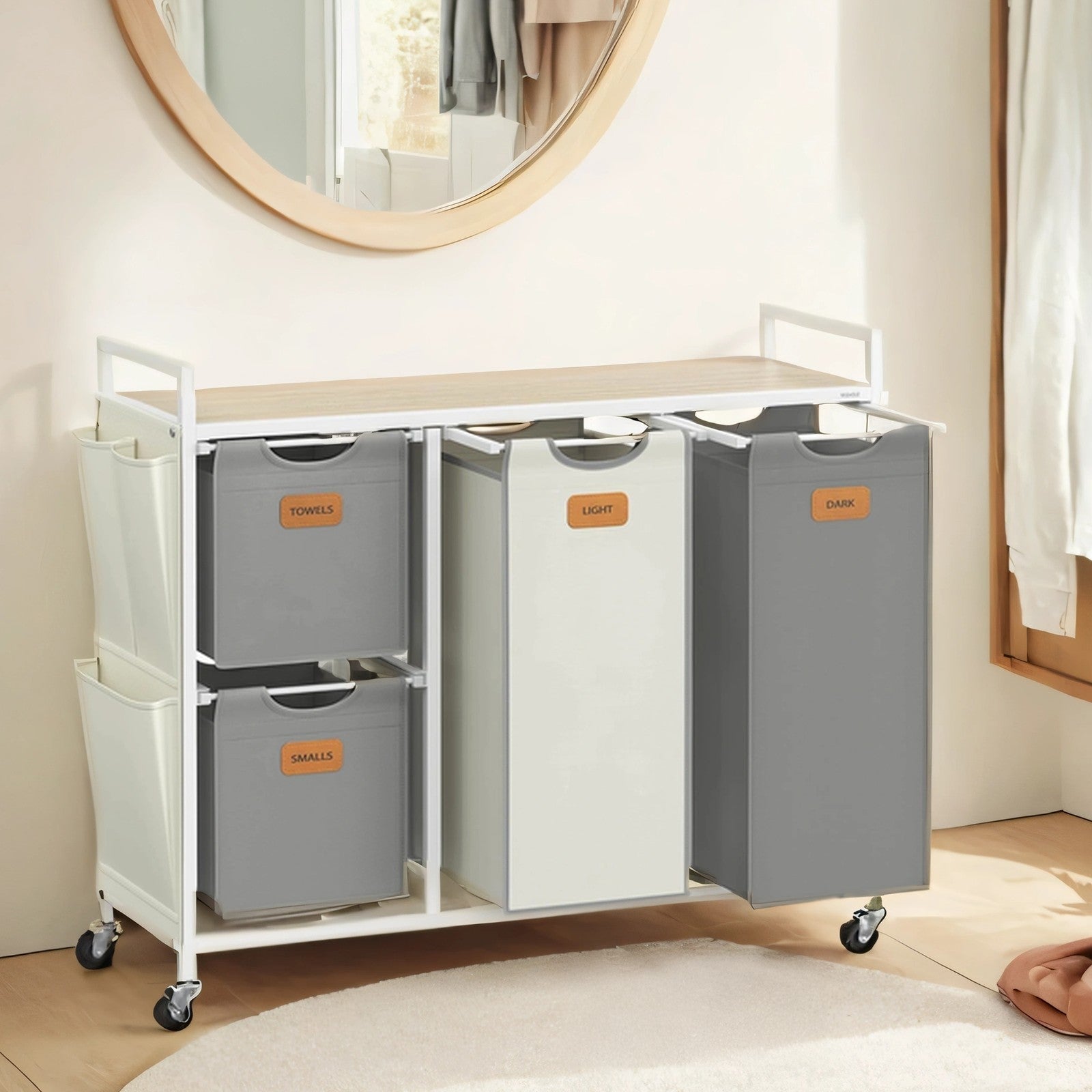 4-Compartment Laundry Sorter - Fabric - Dove Grey and White - Rolling Cart with Removable Bags