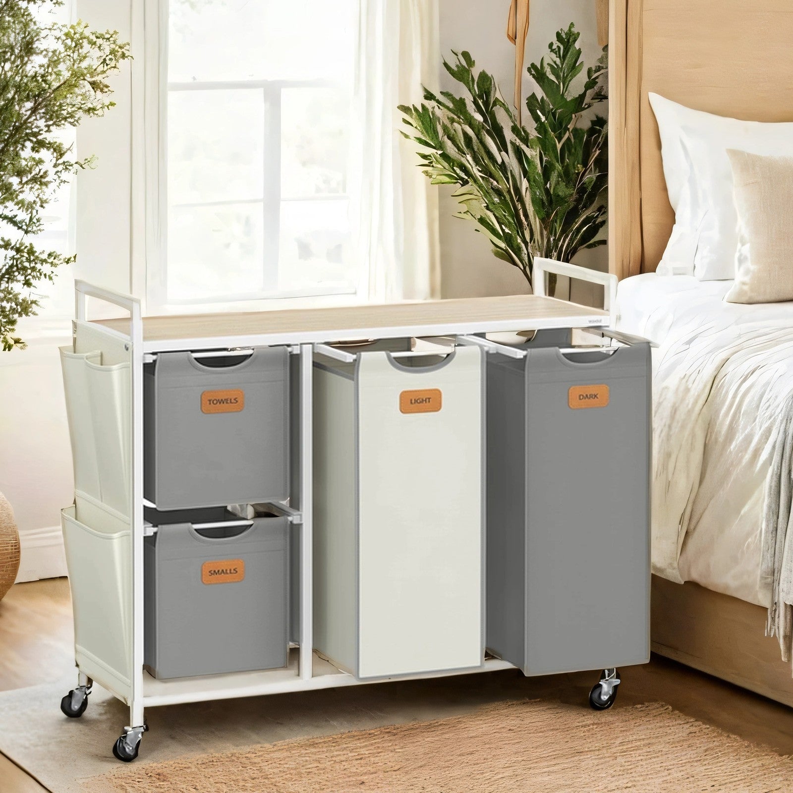 4-Compartment Laundry Sorter - Fabric - Dove Grey and White - Rolling Cart with Removable Bags