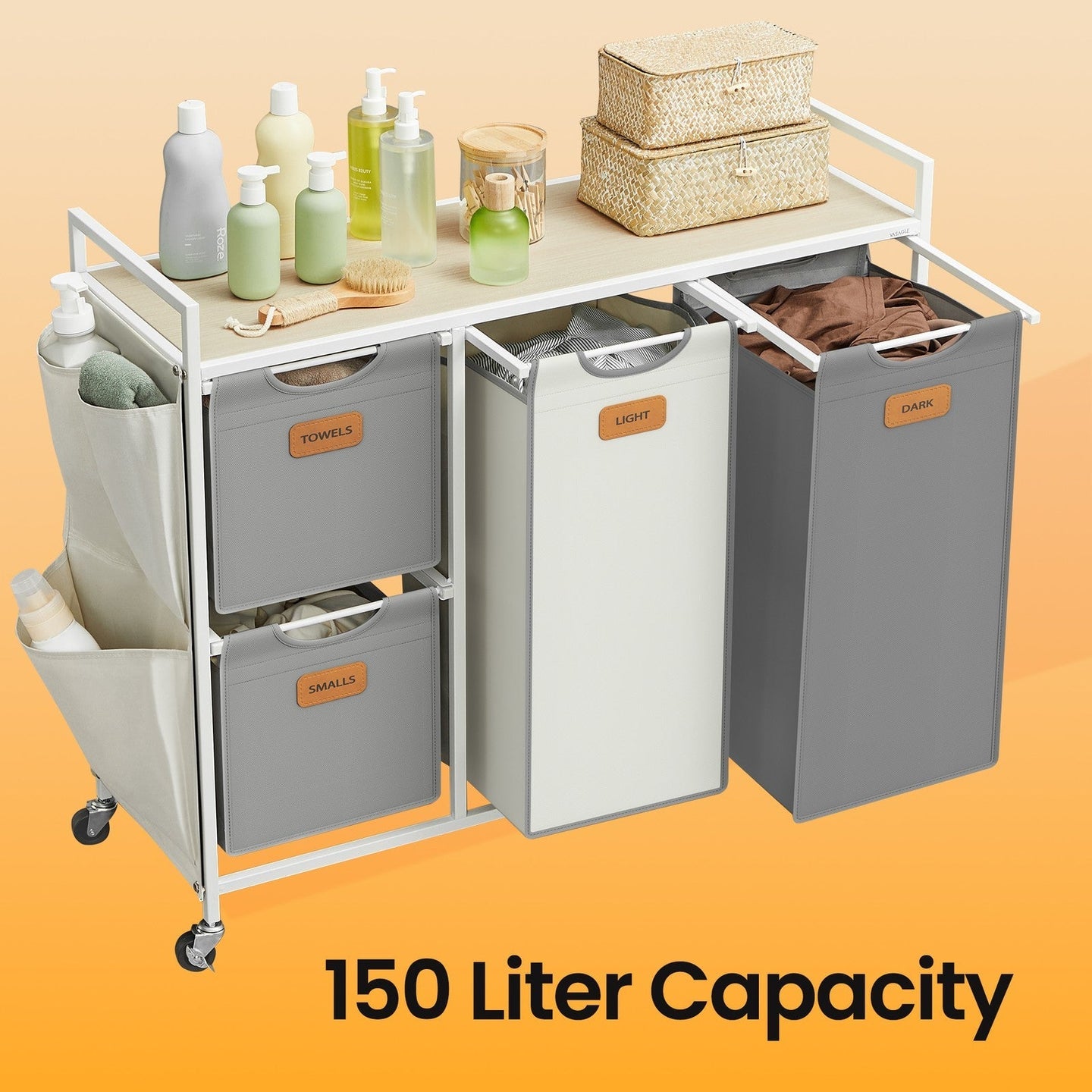 4-Compartment Laundry Sorter - Fabric - Dove Grey and White - Rolling Cart with Removable Bags