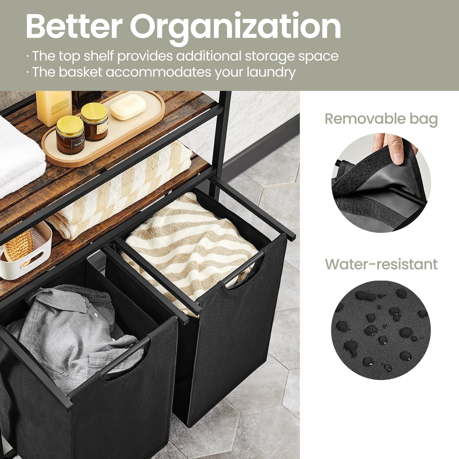 Laundry Hamper - Metal - Black and Grey - Dual Pull-Out Bags with Shelves