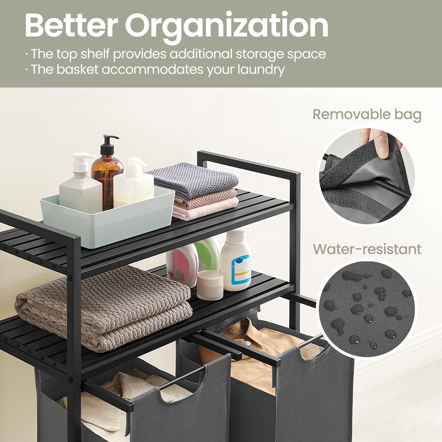Laundry Hamper - Metal - Black and Grey - Dual Pull-Out Bags with Shelves