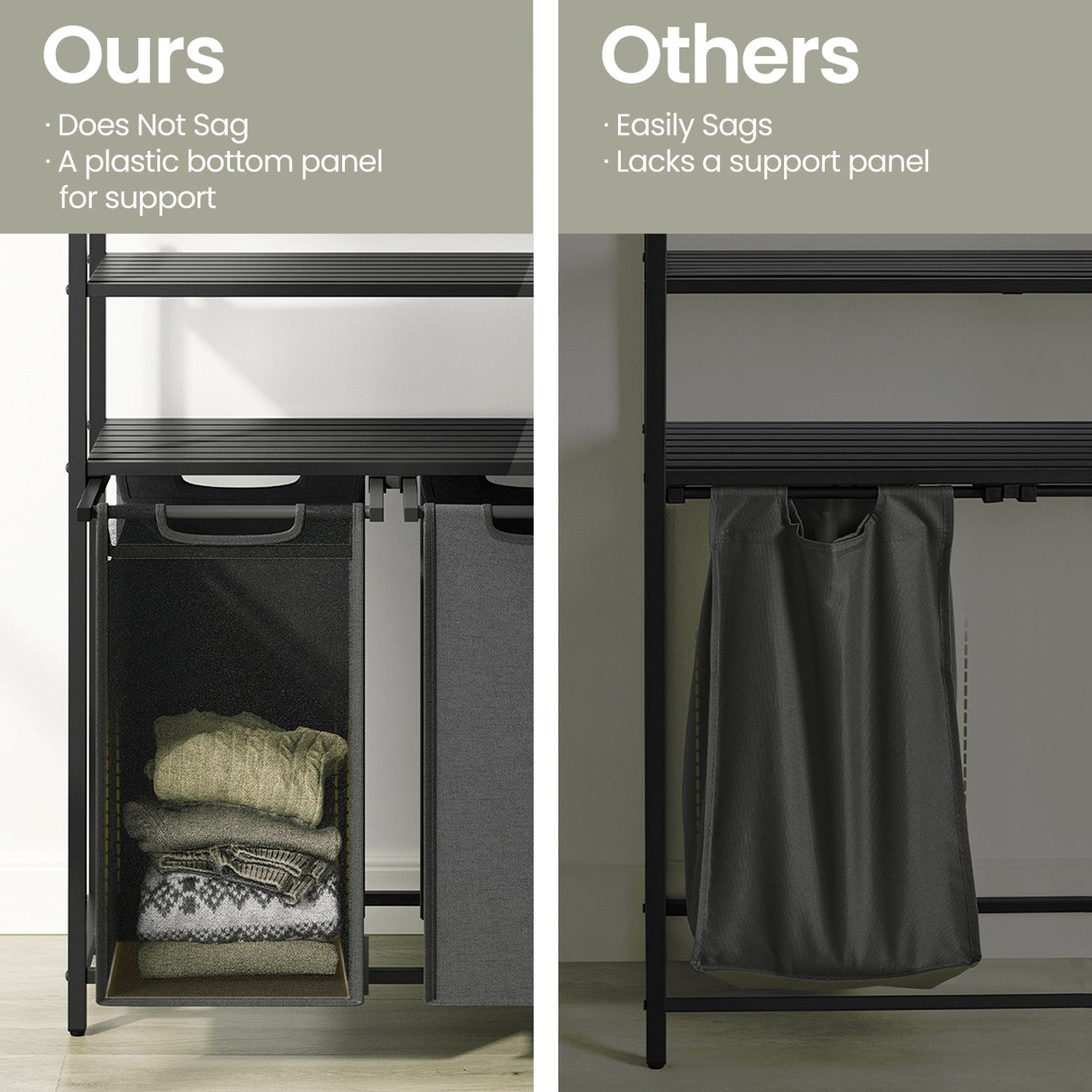Laundry Hamper - Metal - Black and Grey - Dual Pull-Out Bags with Shelves