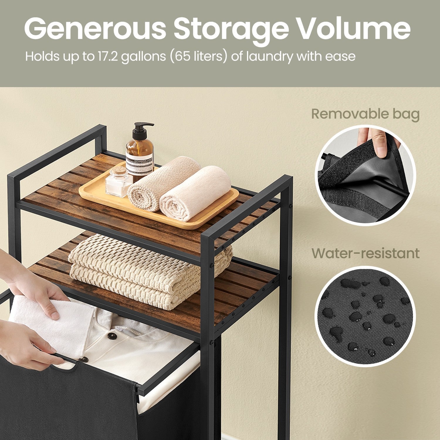 Laundry Hamper - Wood - Rustic Brown and Black - Pull-Out Laundry Bag with 2 Shelves