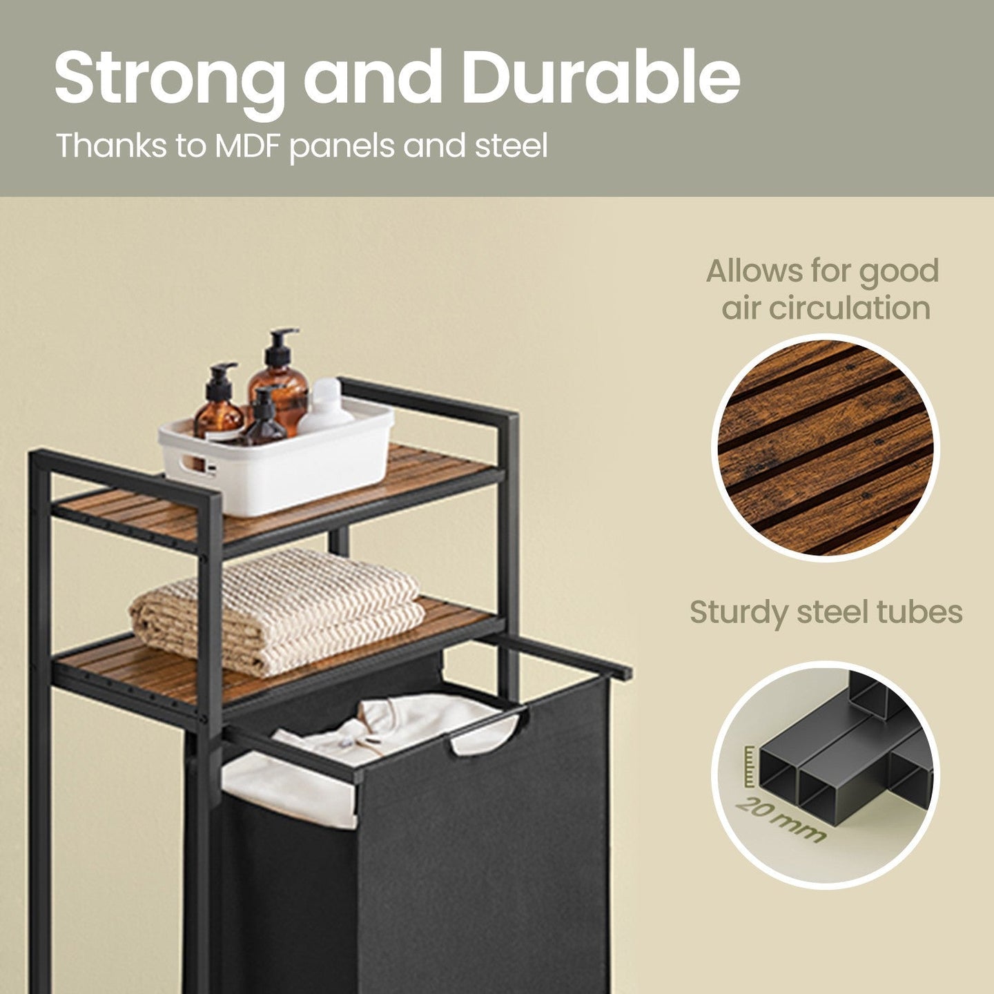 Laundry Hamper - Wood - Rustic Brown and Black - Pull-Out Laundry Bag with 2 Shelves
