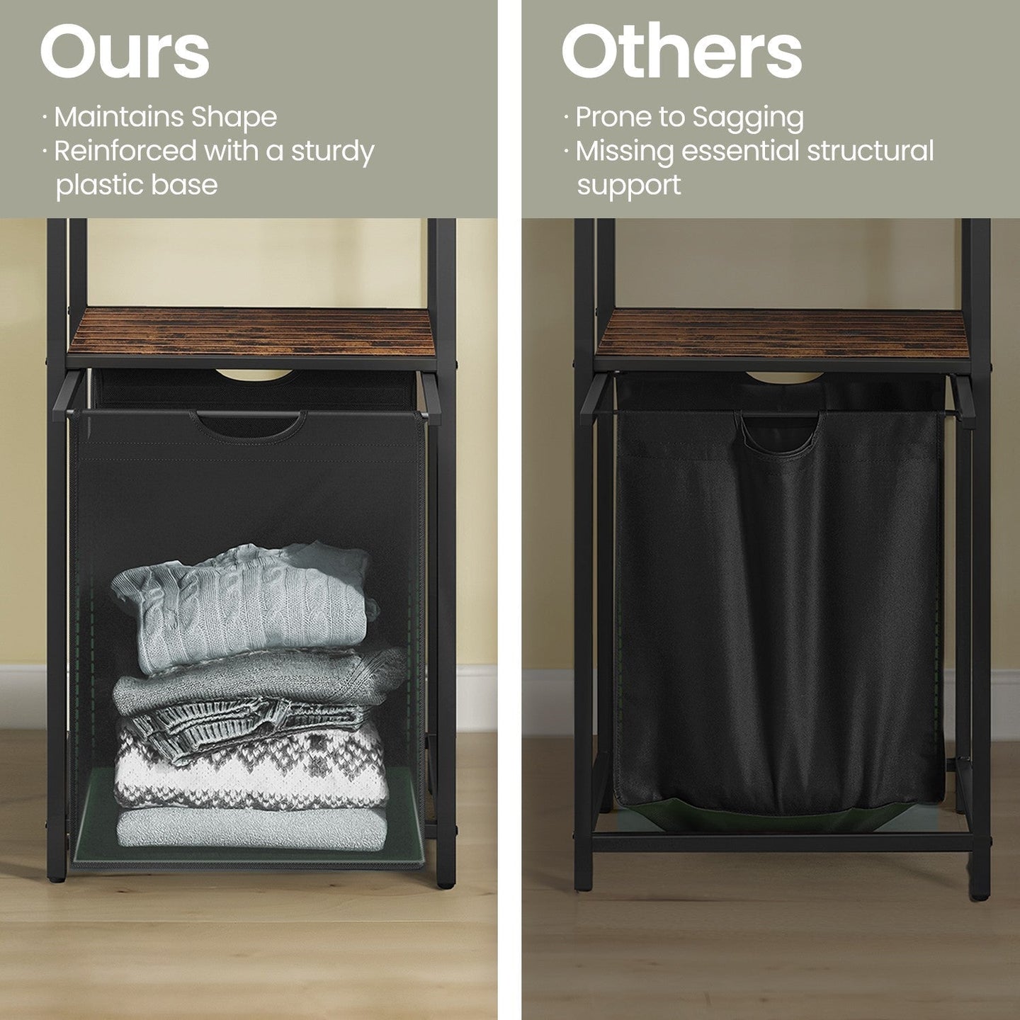 Laundry Hamper - Wood - Rustic Brown and Black - Pull-Out Laundry Bag with 2 Shelves