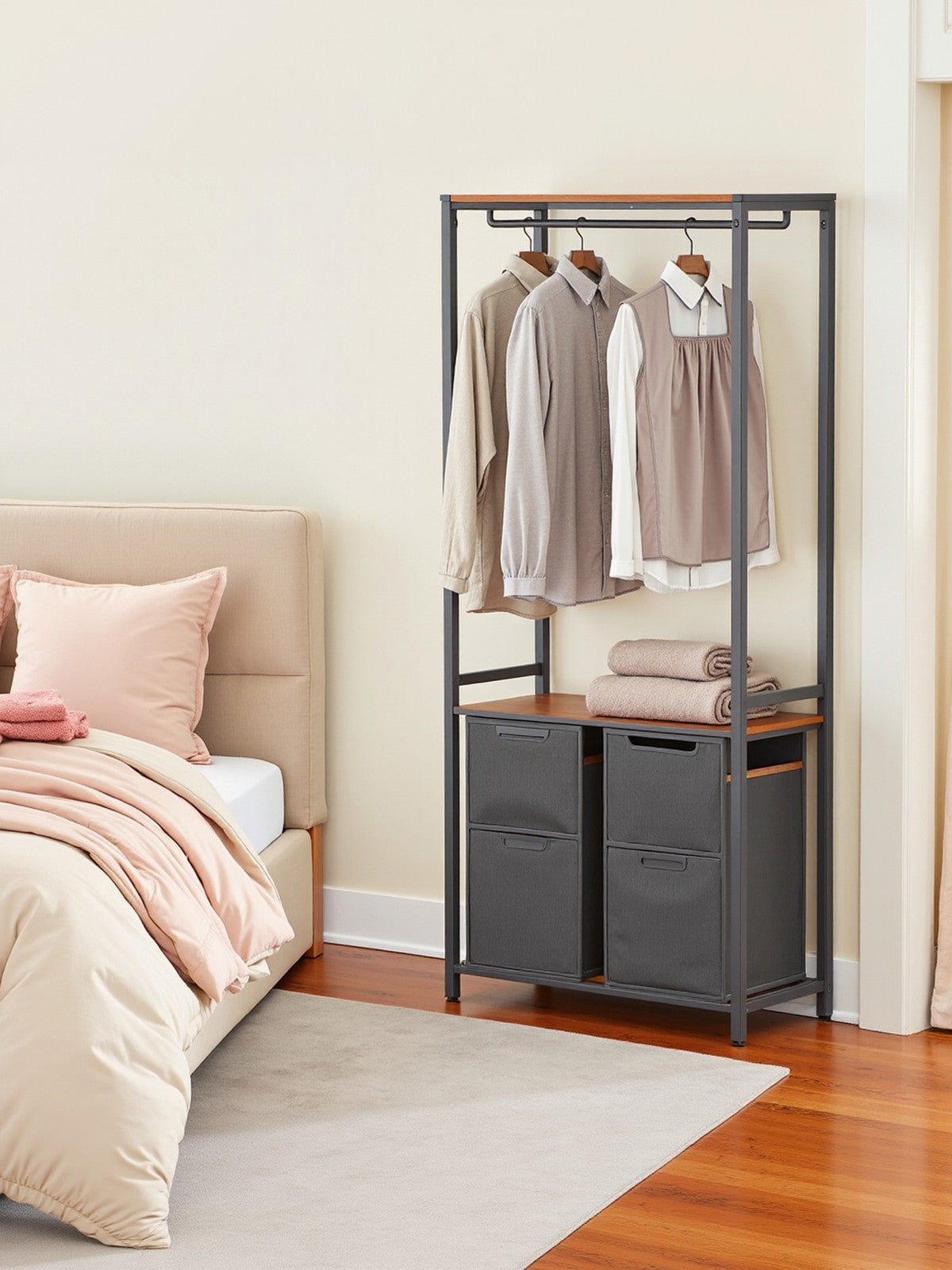 2-Compartment Laundry Basket - Wood - Rustic Brown and Black - Pull-Out Bags and Clothes Rail