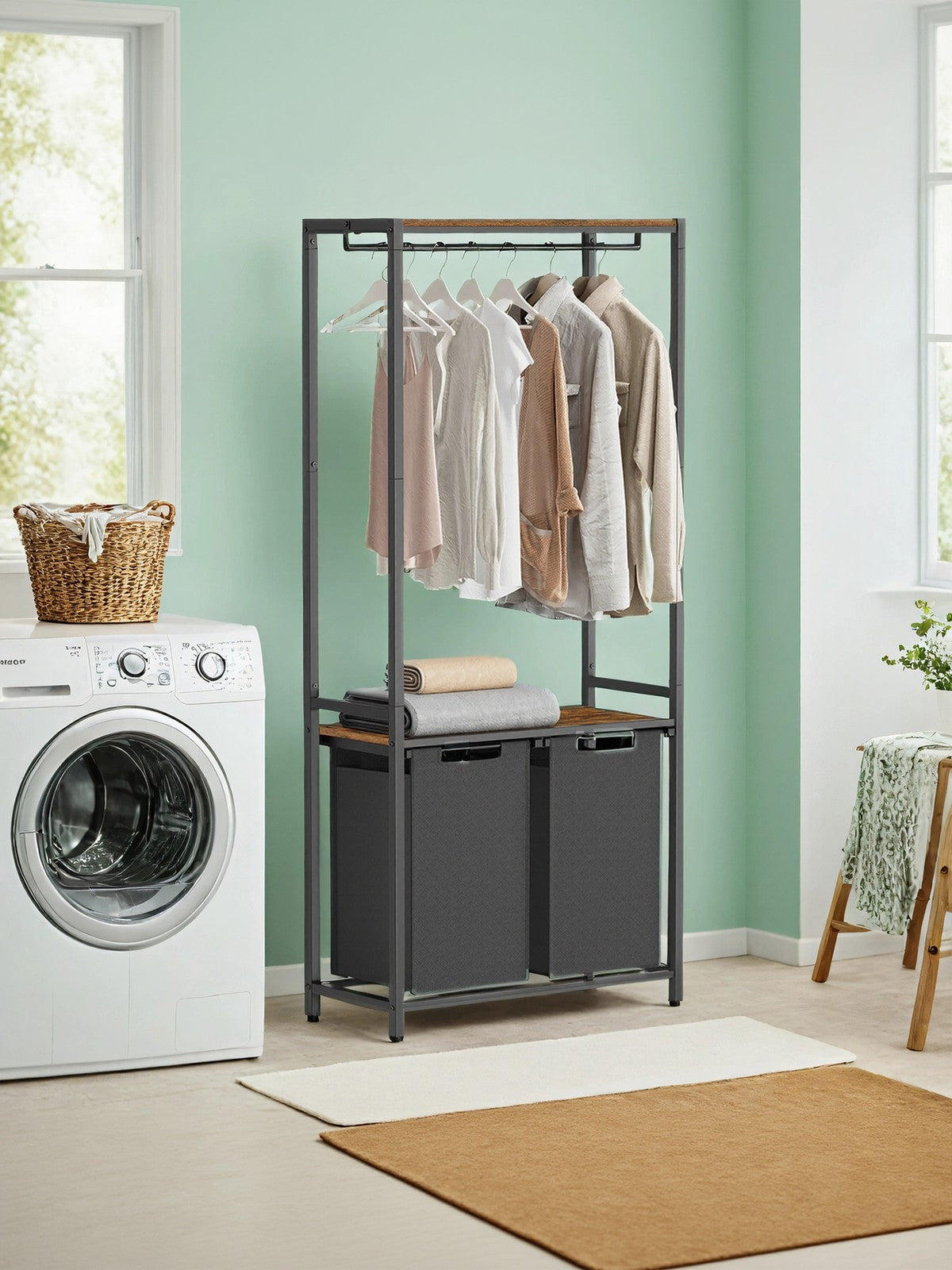 2-Compartment Laundry Basket - Wood - Rustic Brown and Black - Pull-Out Bags and Clothes Rail