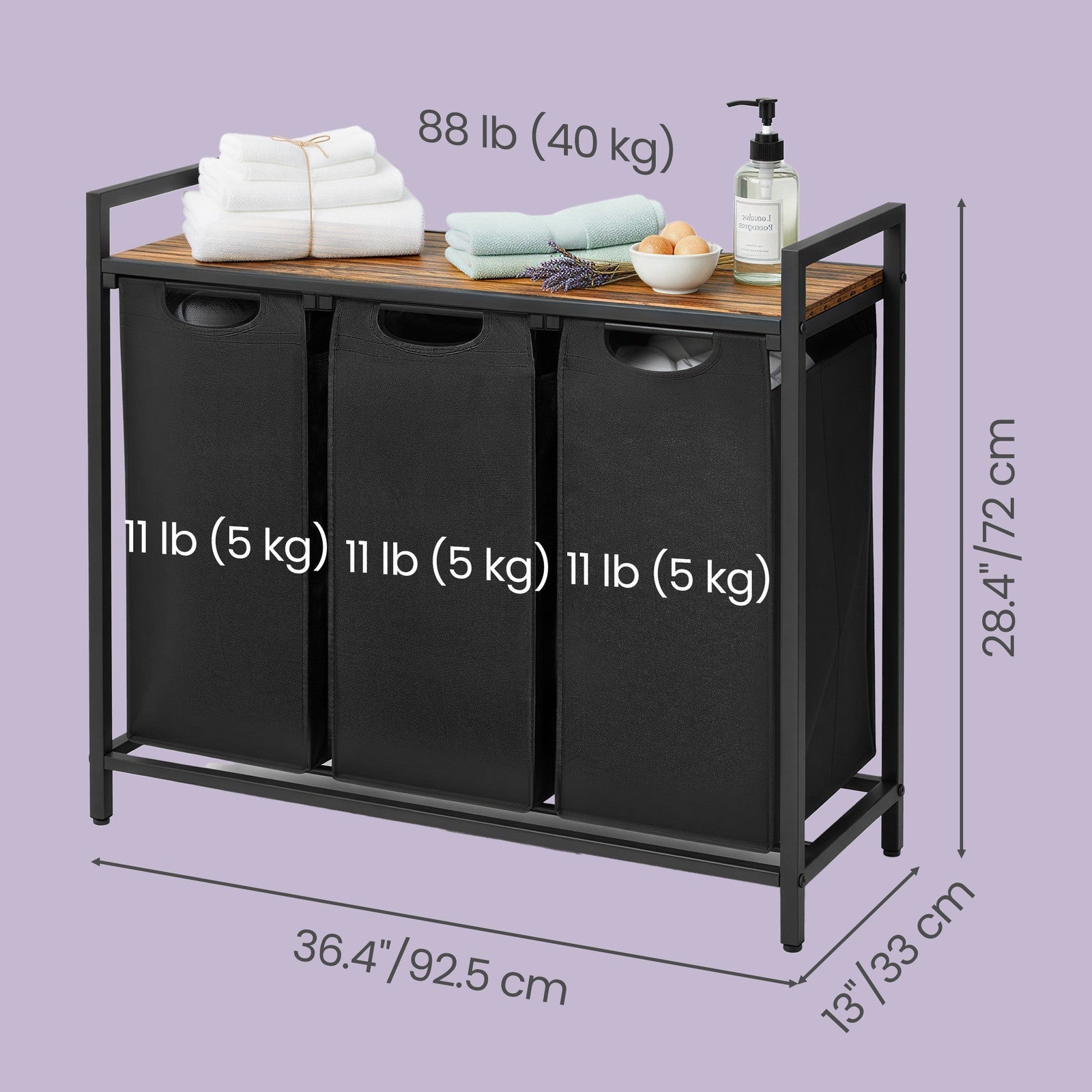 Clothes Sorter - 4 Removable Liner Bags - Metal Frame - Rustic Brown and Black