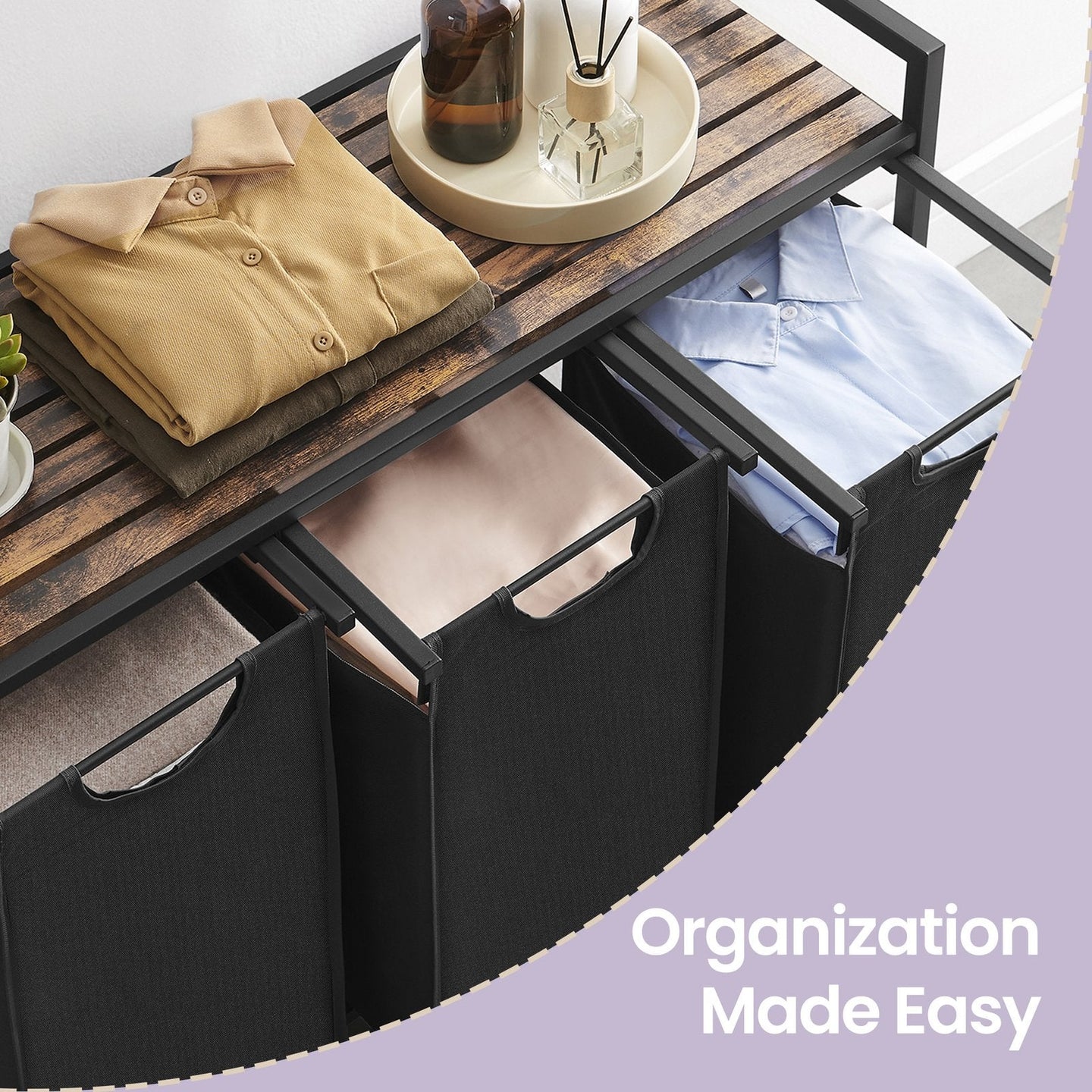 Clothes Sorter - 4 Removable Liner Bags - Metal Frame - Rustic Brown and Black