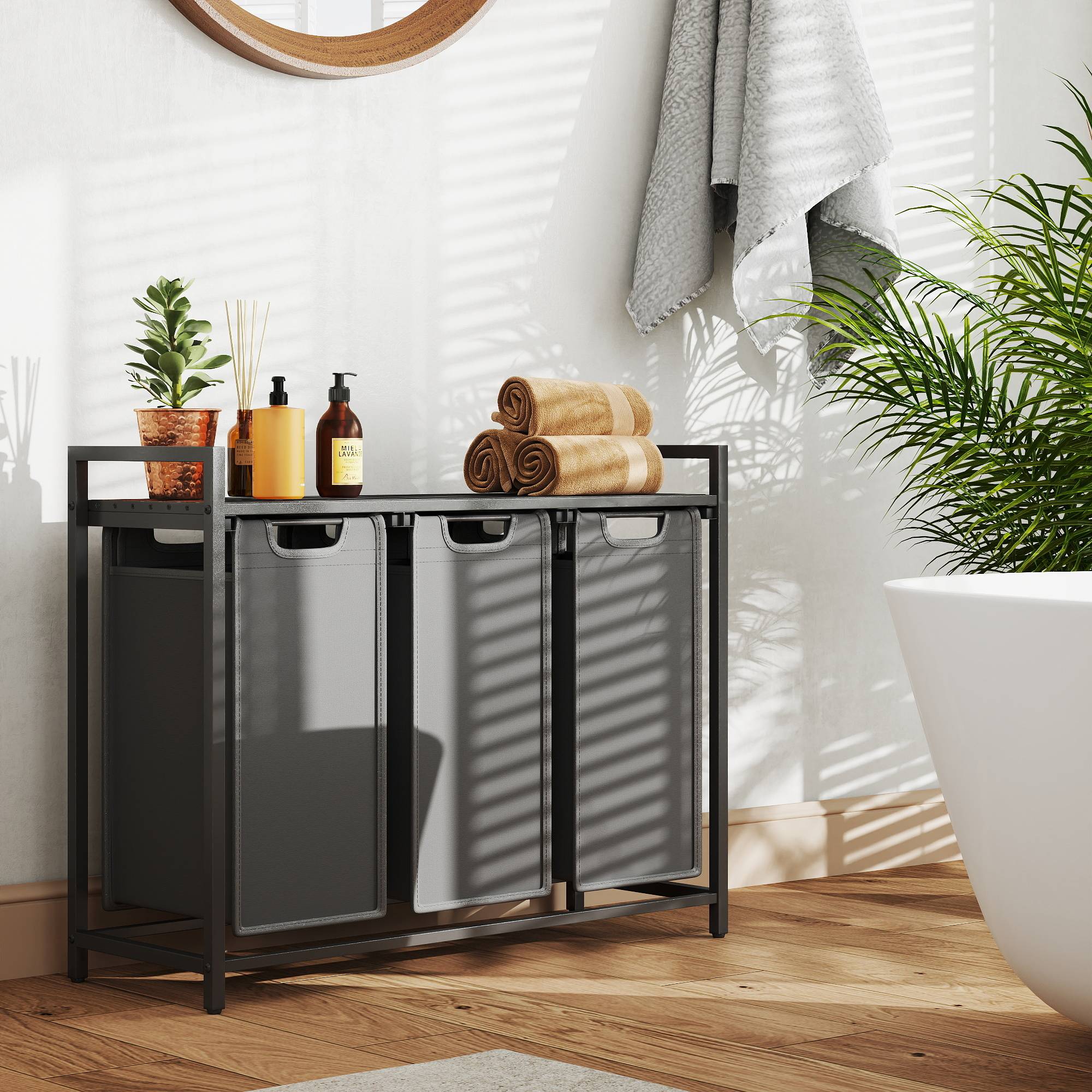 3-Section Laundry Sorter - Metal Frame - Black and Grey - Removable Bags and Shelf