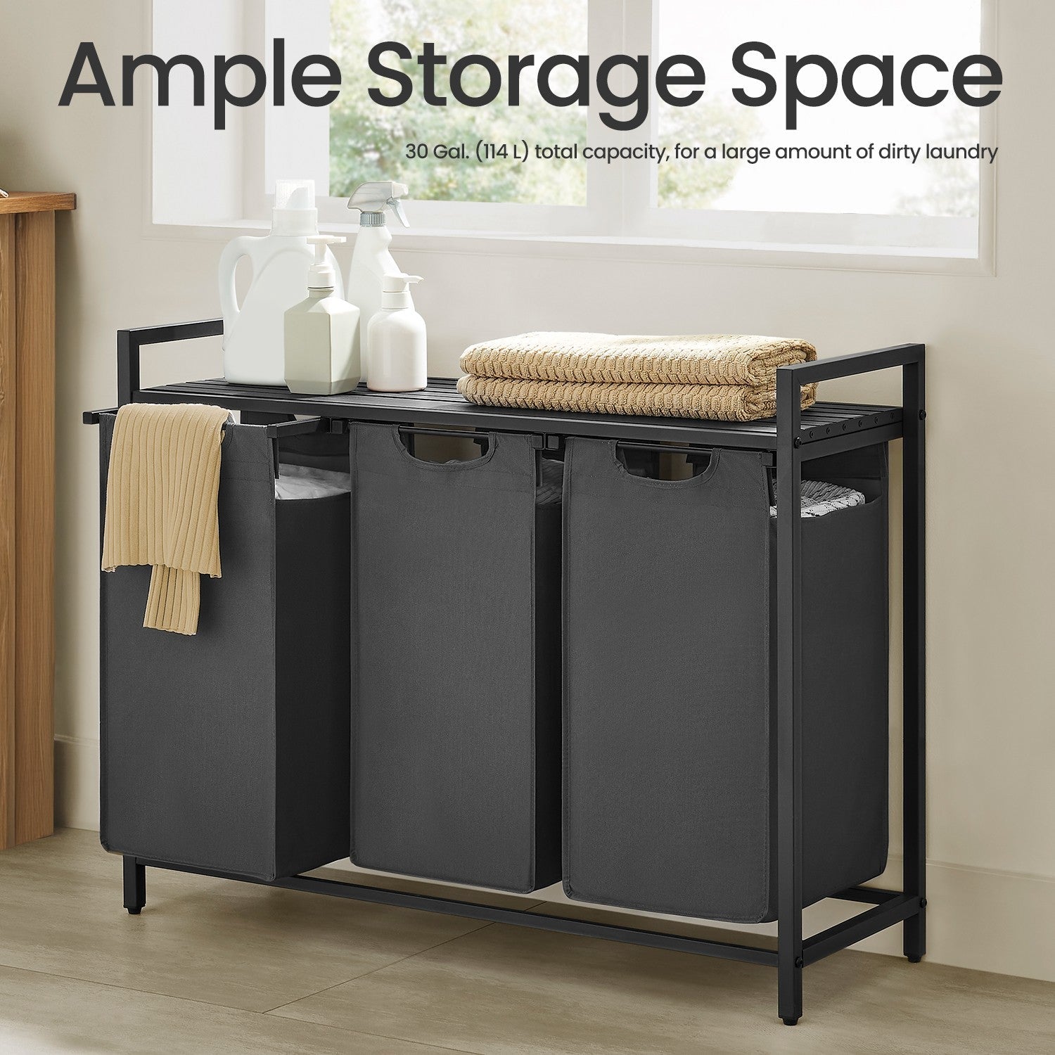 3-Section Laundry Sorter - Metal Frame - Black and Grey - Removable Bags and Shelf