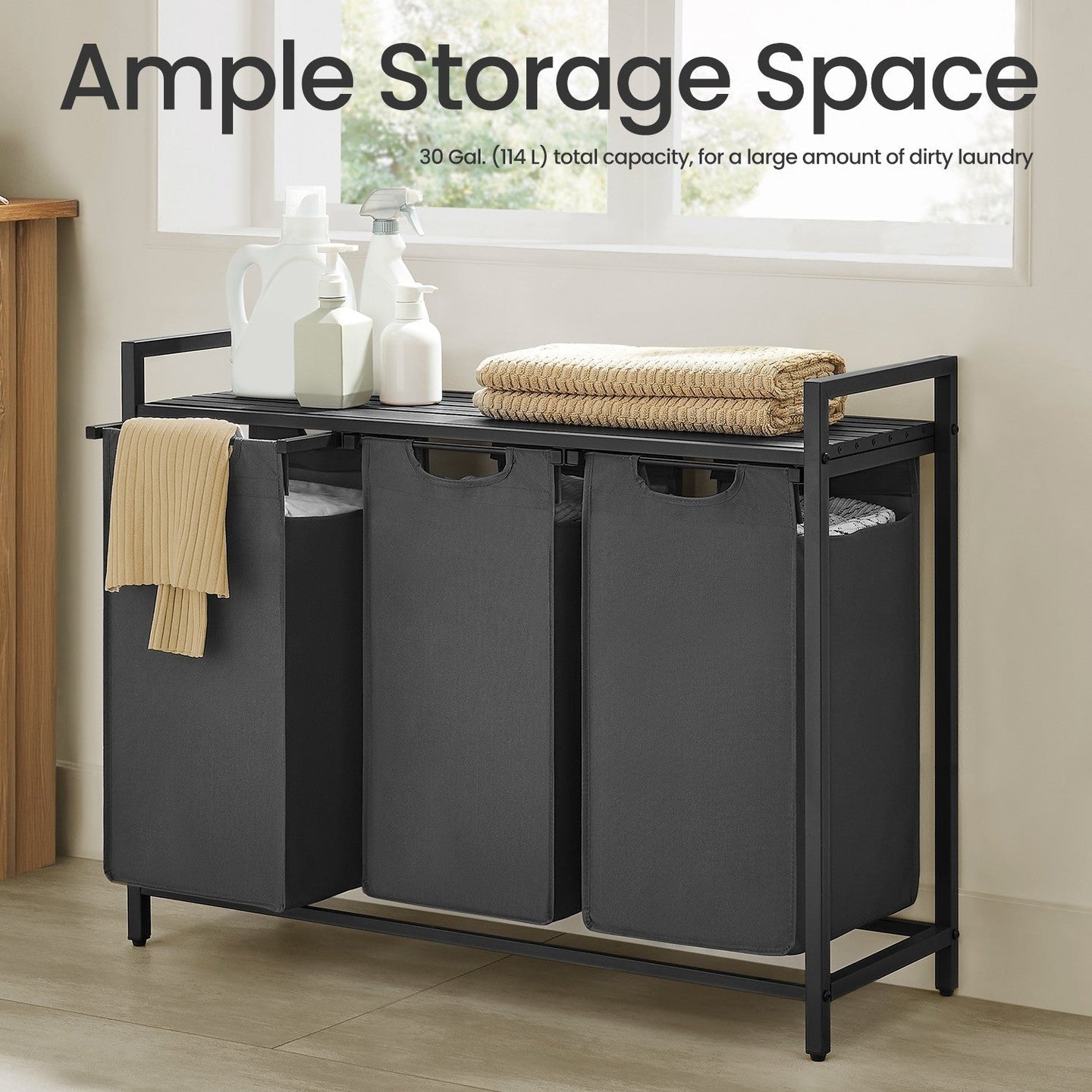 3-Section Laundry Sorter - Metal Frame - Black and Grey - Removable Bags and Shelf