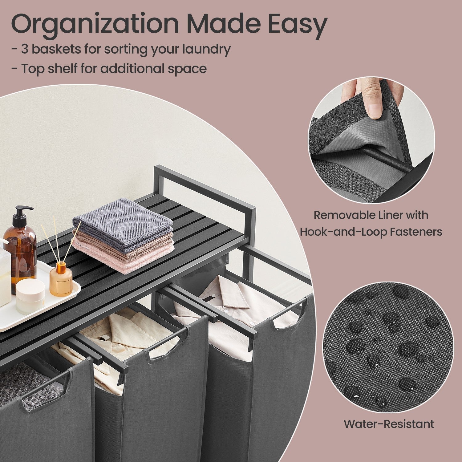 3-Section Laundry Sorter - Metal Frame - Black and Grey - Removable Bags and Shelf