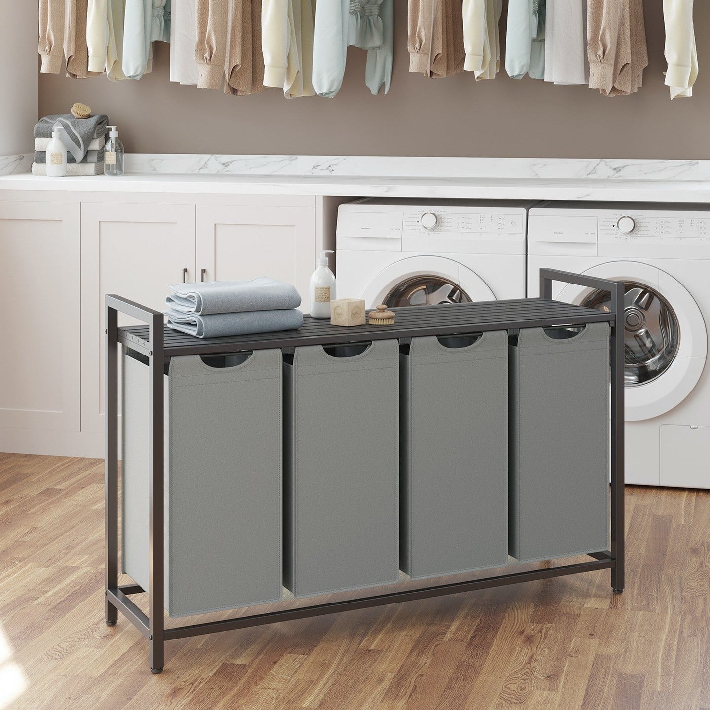 Laundry Sorter - Metal Frame - Rustic Brown and Black - 4 Removable Bags