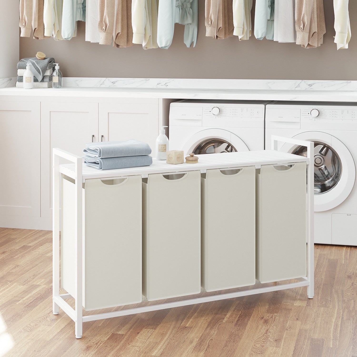 Laundry Hamper - Metal Frame - Rustic Brown and Black - 4-Section with Removable Bags and Shelf