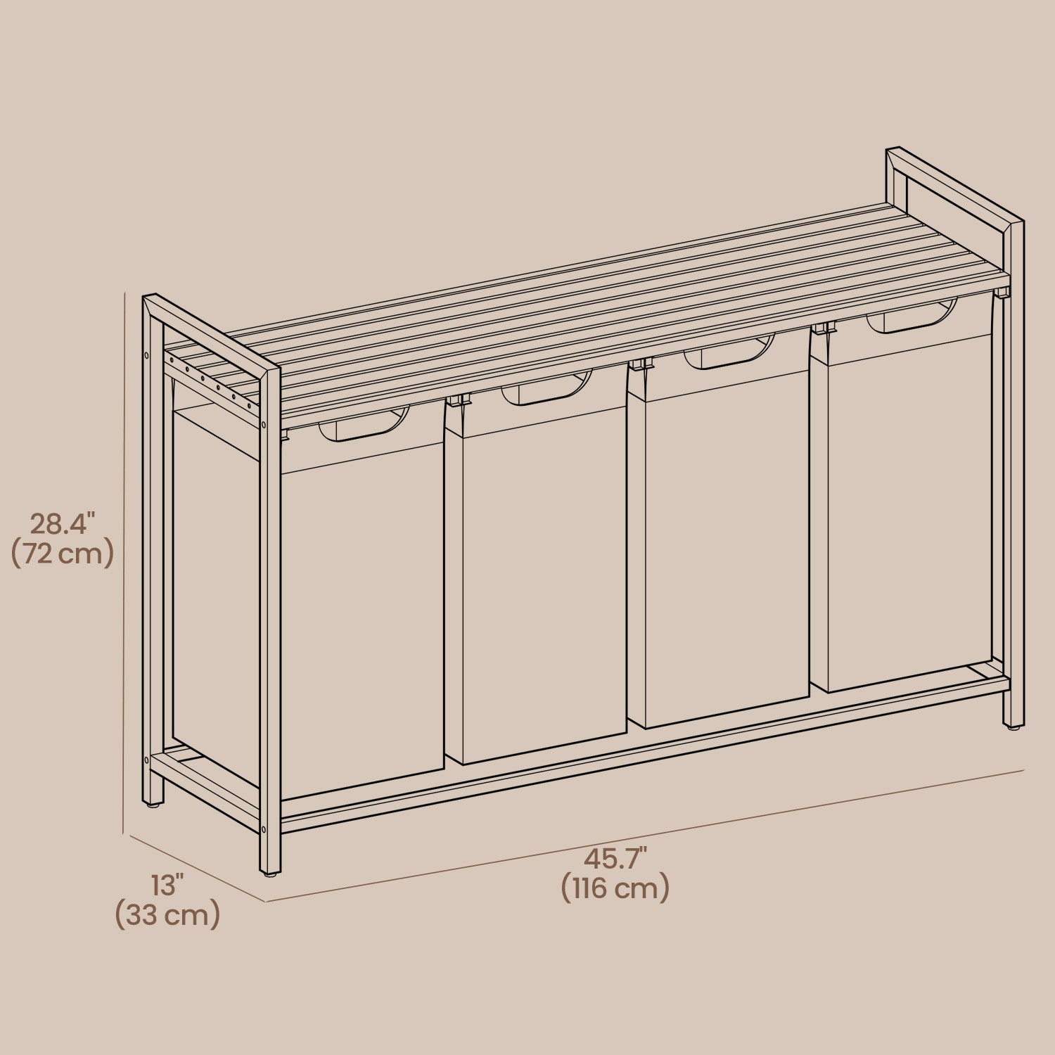 Laundry Hamper - Metal Frame - Rustic Brown and Black - 4-Section with Removable Bags and Shelf