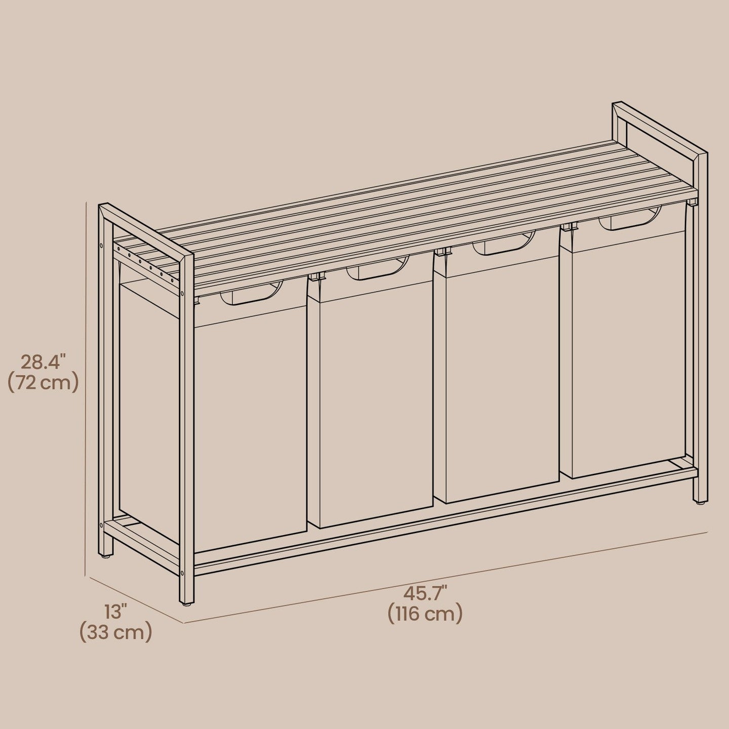 Laundry Hamper - Metal Frame - Rustic Brown and Black - 4-Section with Removable Bags and Shelf
