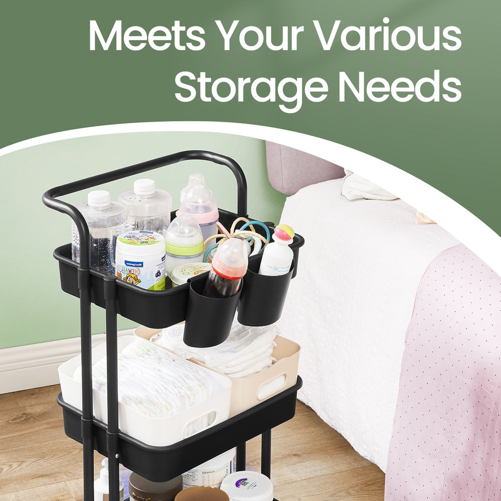 3 Tiers Mobile Trolley - 30L - Steel Frame - 4 Rolling Castors