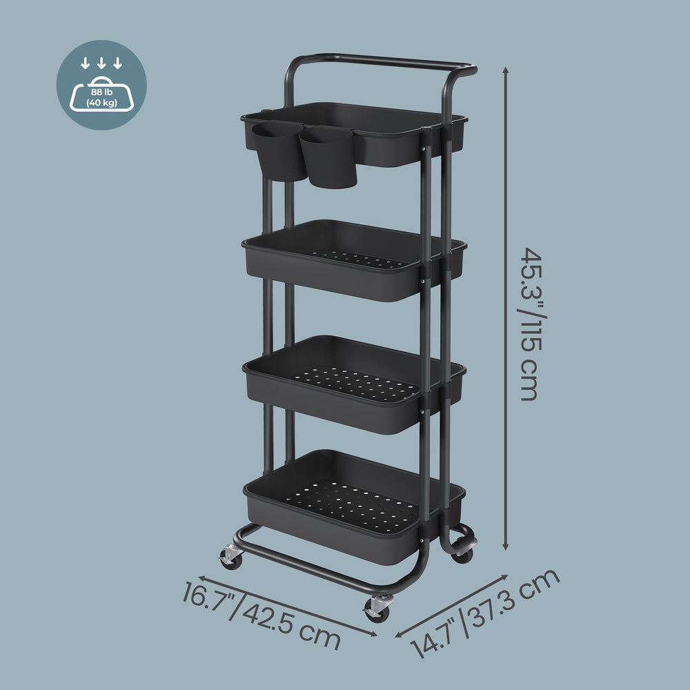4-Tier Rolling Storage Cart - 45L - Steel Frame - Plastic Baskets