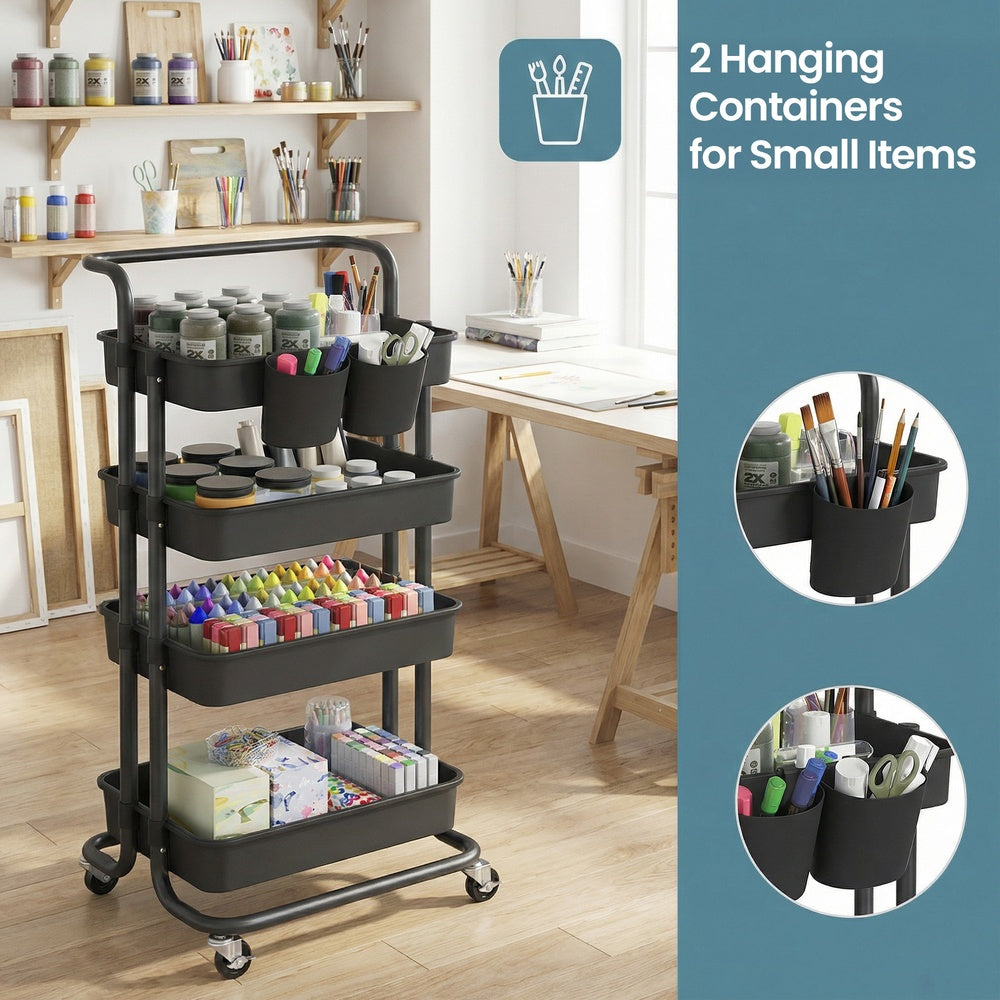 4-Tier Rolling Storage Cart - 45L - Steel Frame - Plastic Baskets