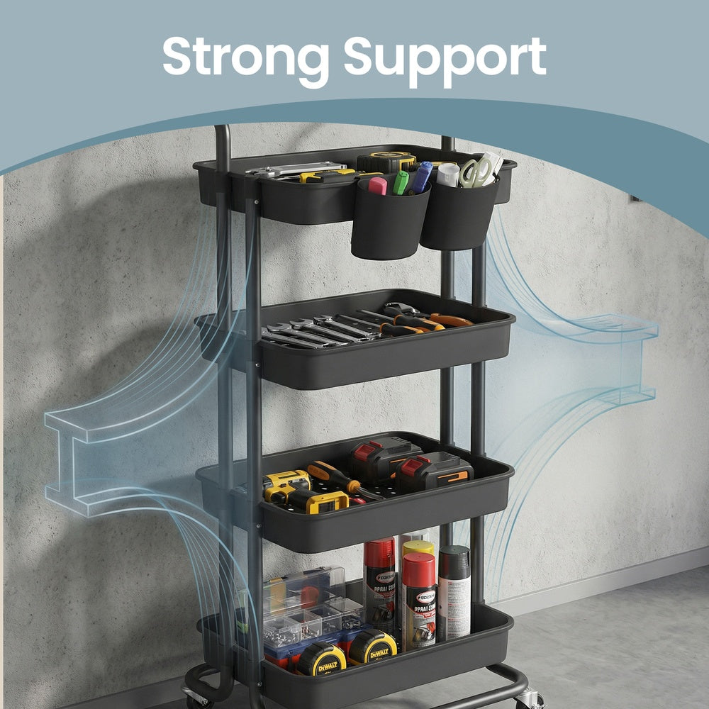 4-Tier Rolling Storage Cart - 45L - Steel Frame - Plastic Baskets