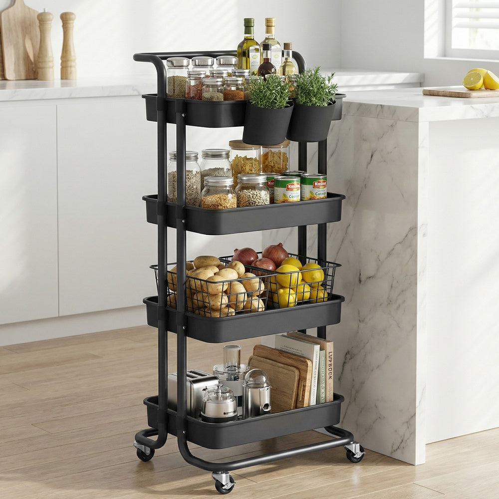 4-Tier Rolling Storage Cart - 45L - Steel Frame - Plastic Baskets