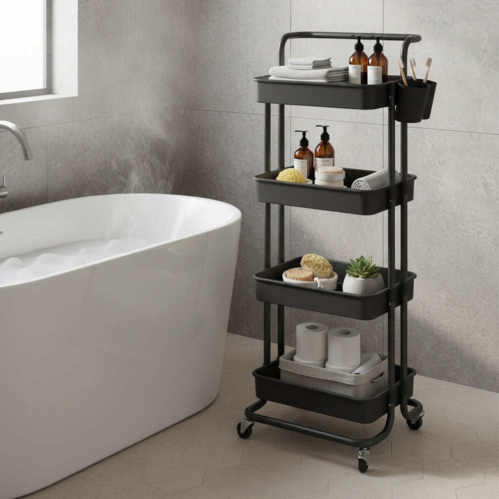 4-Tier Rolling Storage Cart - 45L - Steel Frame - Plastic Baskets
