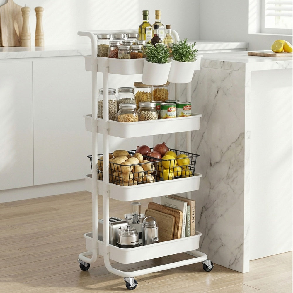 4-Tier Rolling Storage Cart - 45L - Steel Frame - Smooth-Rolling Wheels