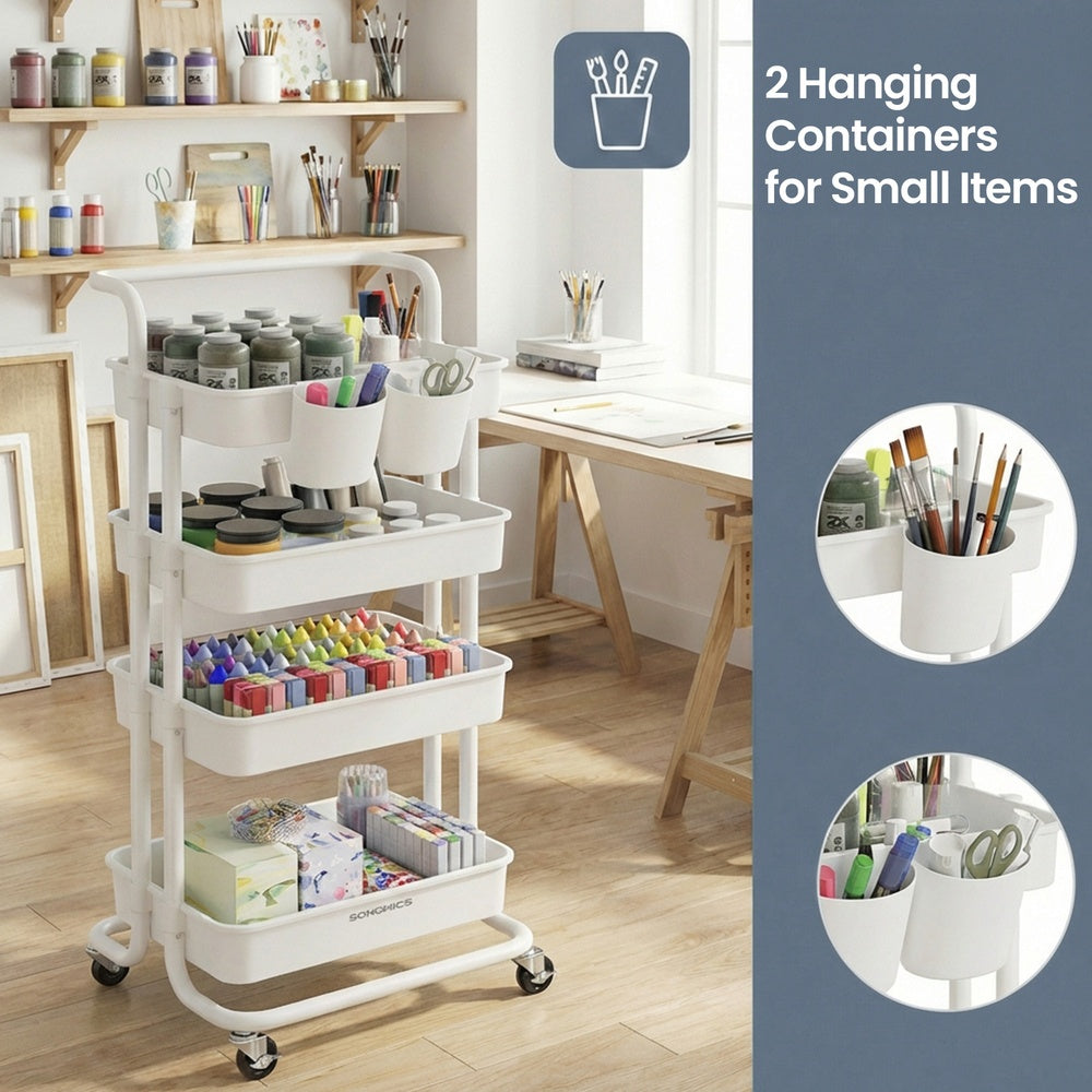 4-Tier Rolling Storage Cart - 45L - Steel Frame - Smooth-Rolling Wheels