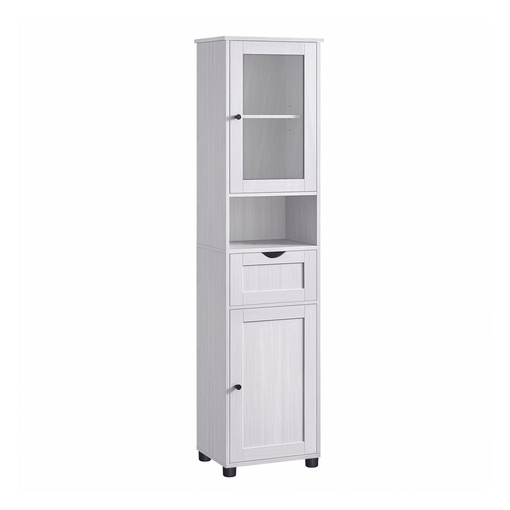 Tall Bathroom Cabinet Free Standing - Wood and Glass - Light Grey With Wood Grain - with Adjustable Shelves
