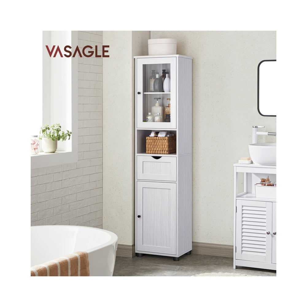 Tall Bathroom Cabinet Free Standing - Wood and Glass - Light Grey With Wood Grain - with Adjustable Shelves