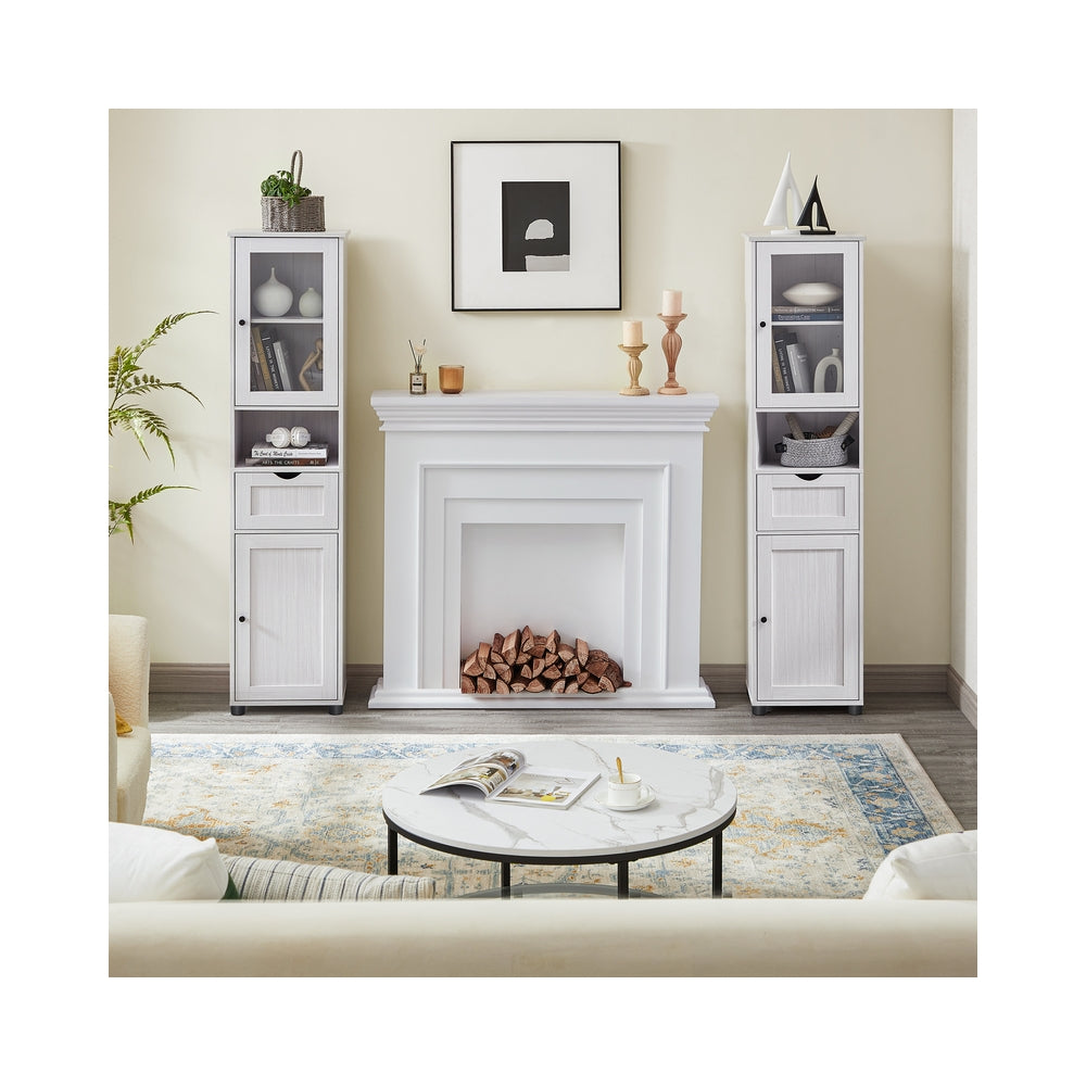 Tall Bathroom Cabinet Free Standing - Wood and Glass - Light Grey With Wood Grain - with Adjustable Shelves