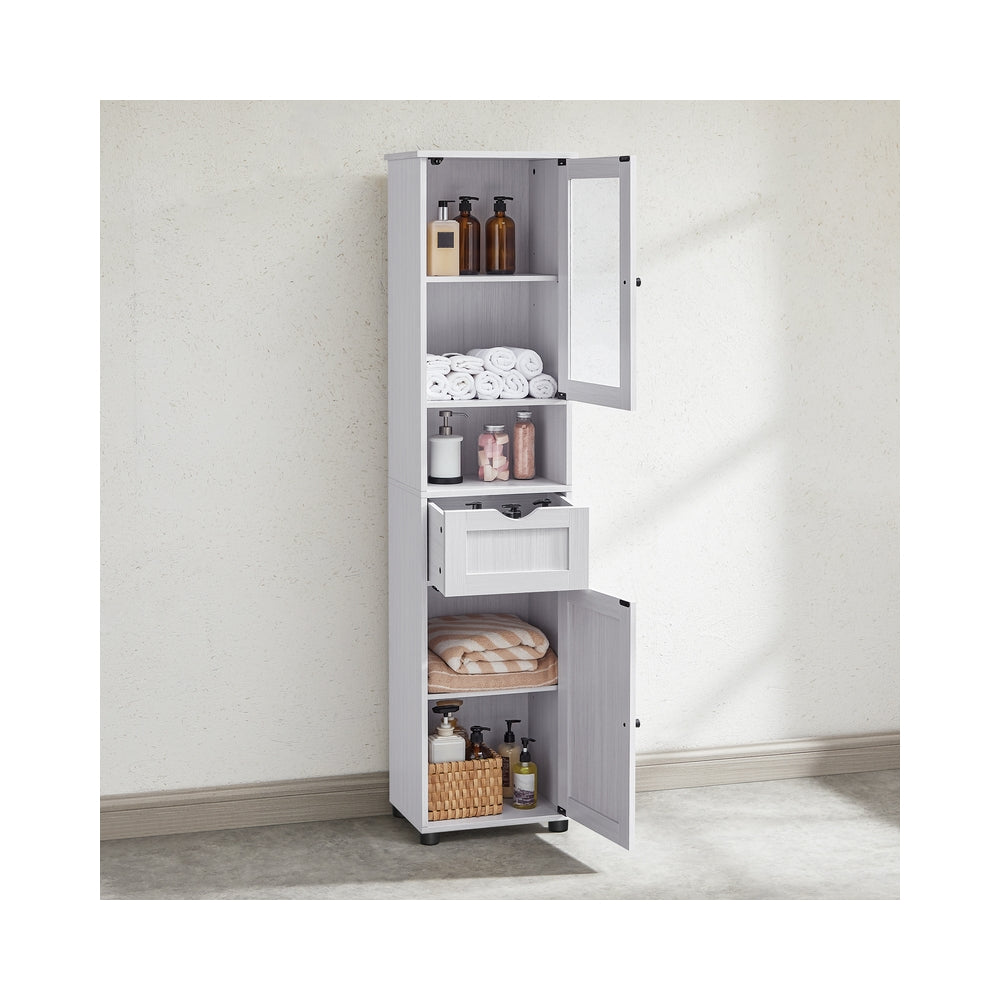 Tall Bathroom Cabinet Free Standing - Wood and Glass - Light Grey With Wood Grain - with Adjustable Shelves