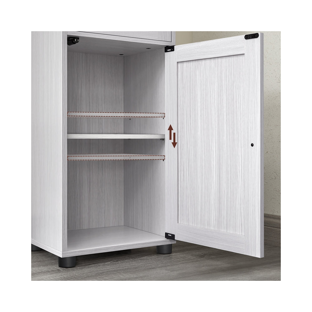 Tall Bathroom Cabinet Free Standing - Wood and Glass - Light Grey With Wood Grain - with Adjustable Shelves