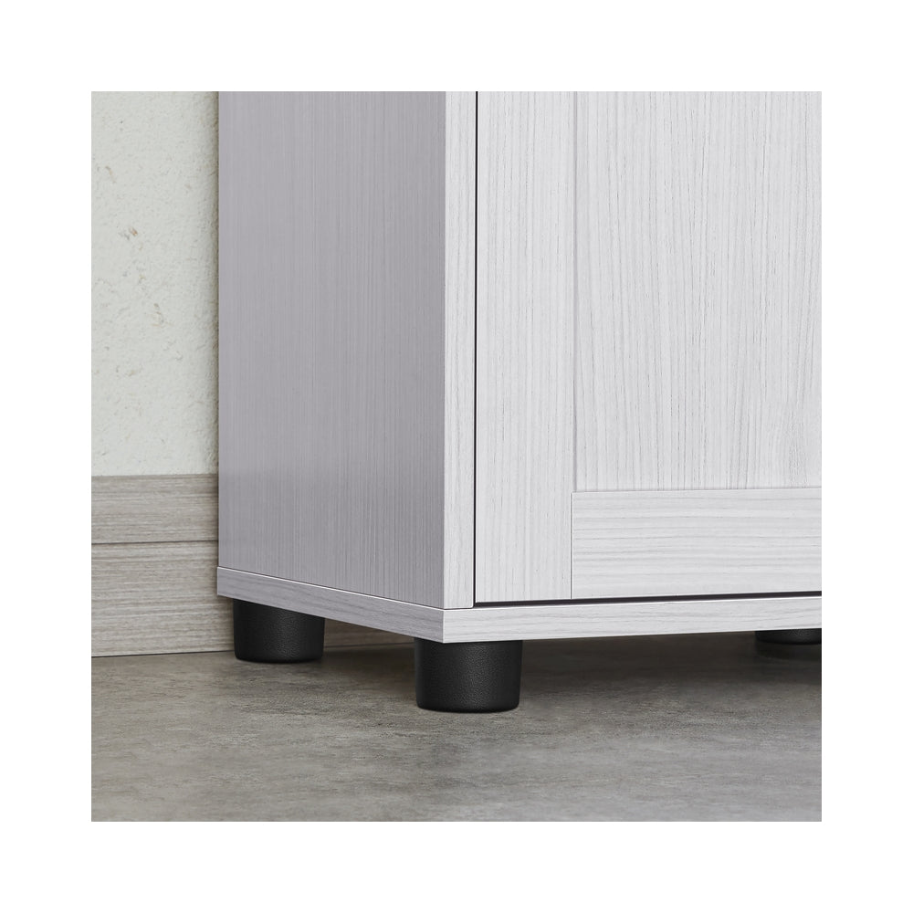 Tall Bathroom Cabinet Free Standing - Wood and Glass - Light Grey With Wood Grain - with Adjustable Shelves