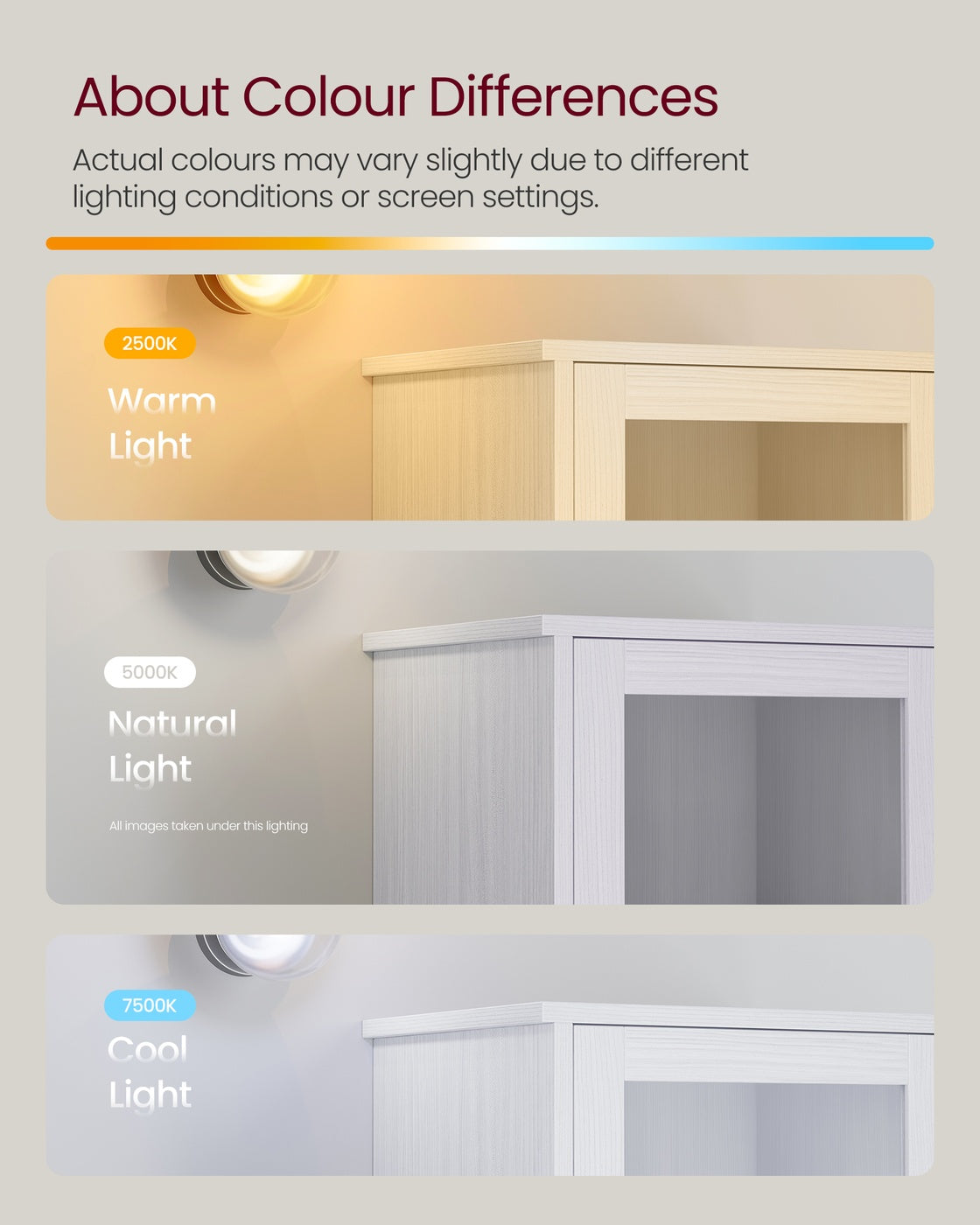 Tall Bathroom Cabinet Free Standing - Wood and Glass - Light Grey With Wood Grain - with Adjustable Shelves