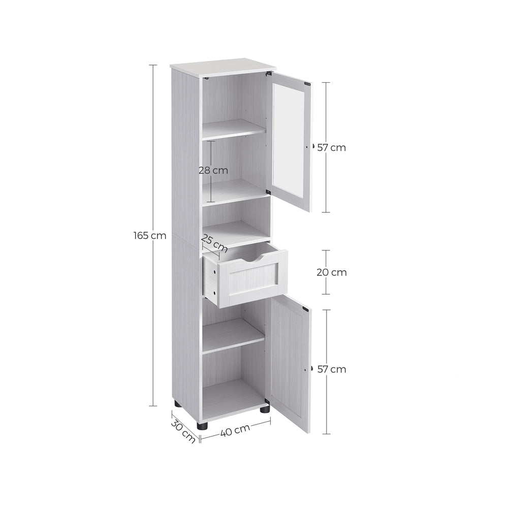 Tall Bathroom Cabinet Free Standing - Wood and Glass - Light Grey With Wood Grain - with Adjustable Shelves