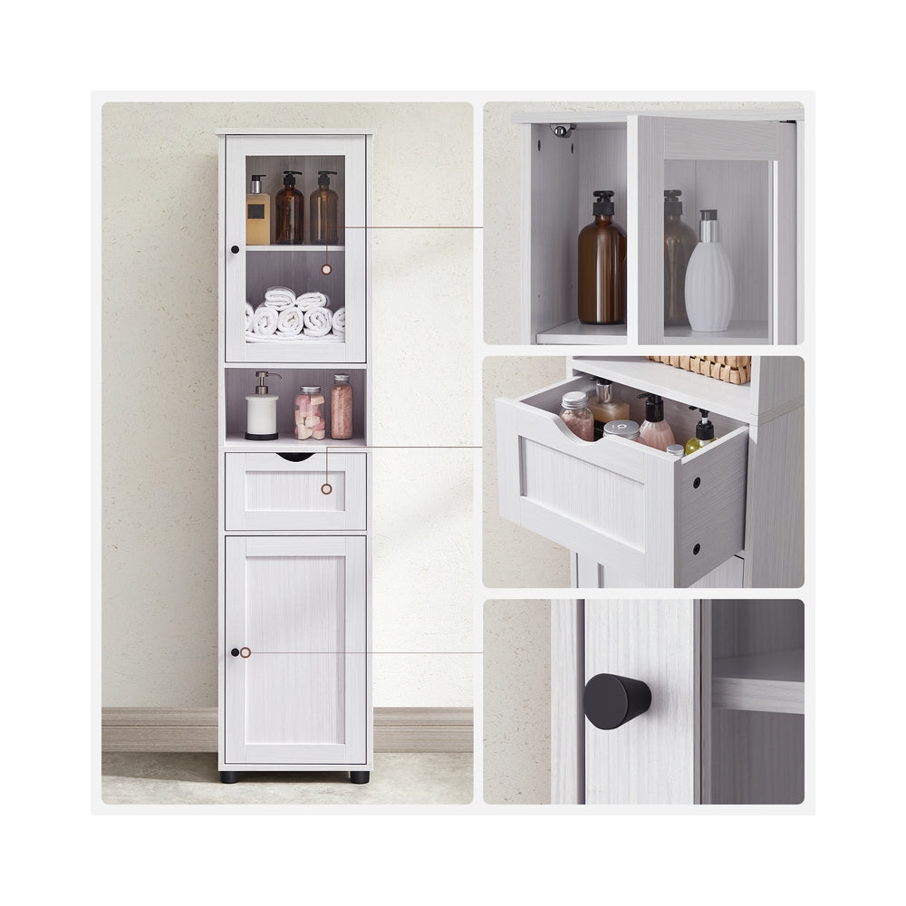 Tall Bathroom Cabinet Free Standing - Wood and Glass - Light Grey With Wood Grain - with Adjustable Shelves