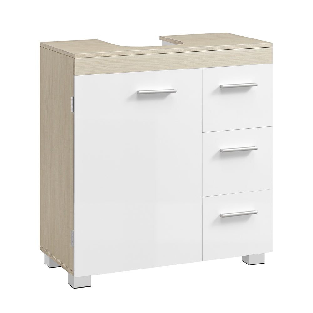 Under Sink Bathroom Cabinet 3 Drawers 2 Compartments - MDF and Wood - Cloud White and Natural Beige