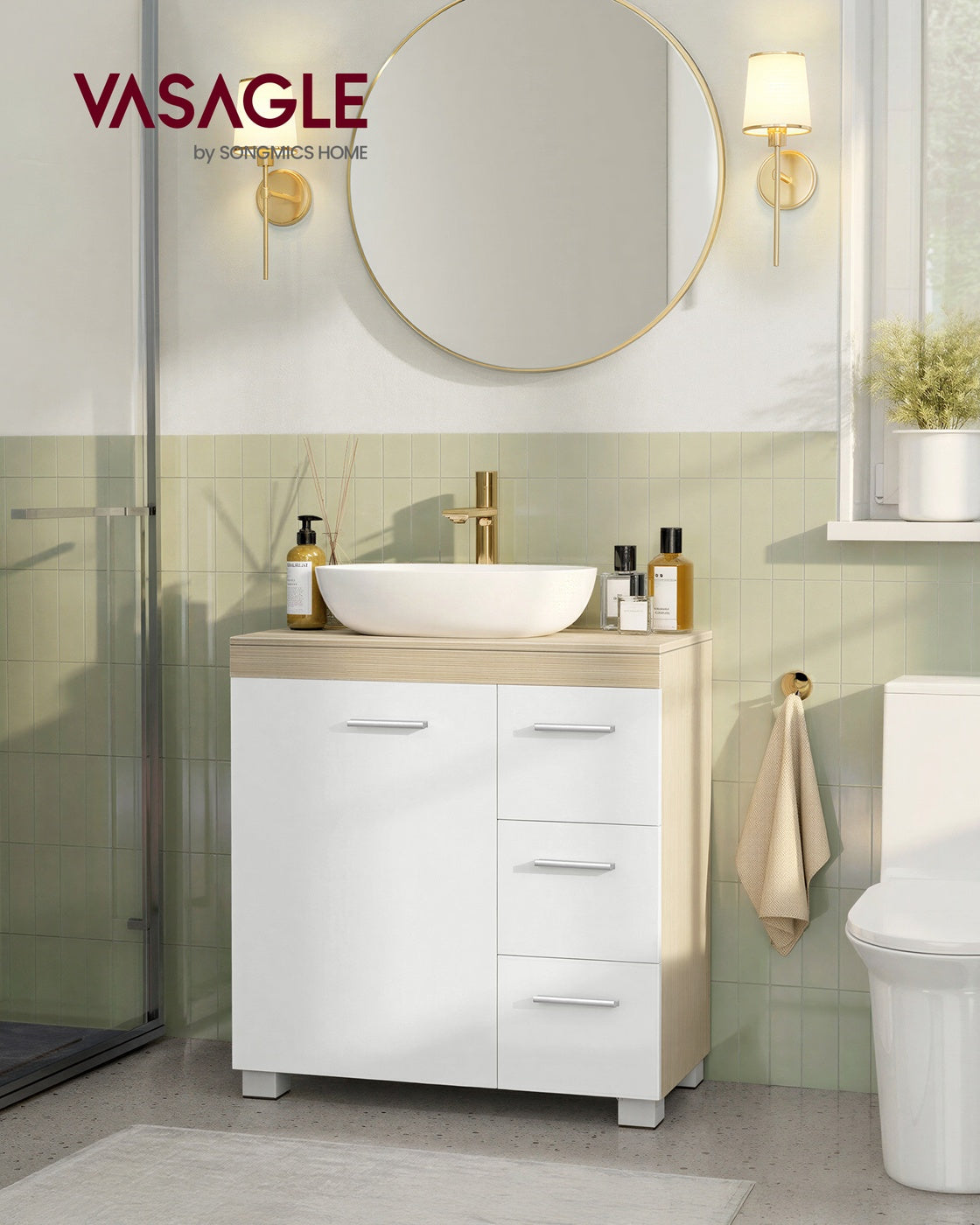 Under Sink Bathroom Cabinet 3 Drawers 2 Compartments - MDF and Wood - Cloud White and Natural Beige
