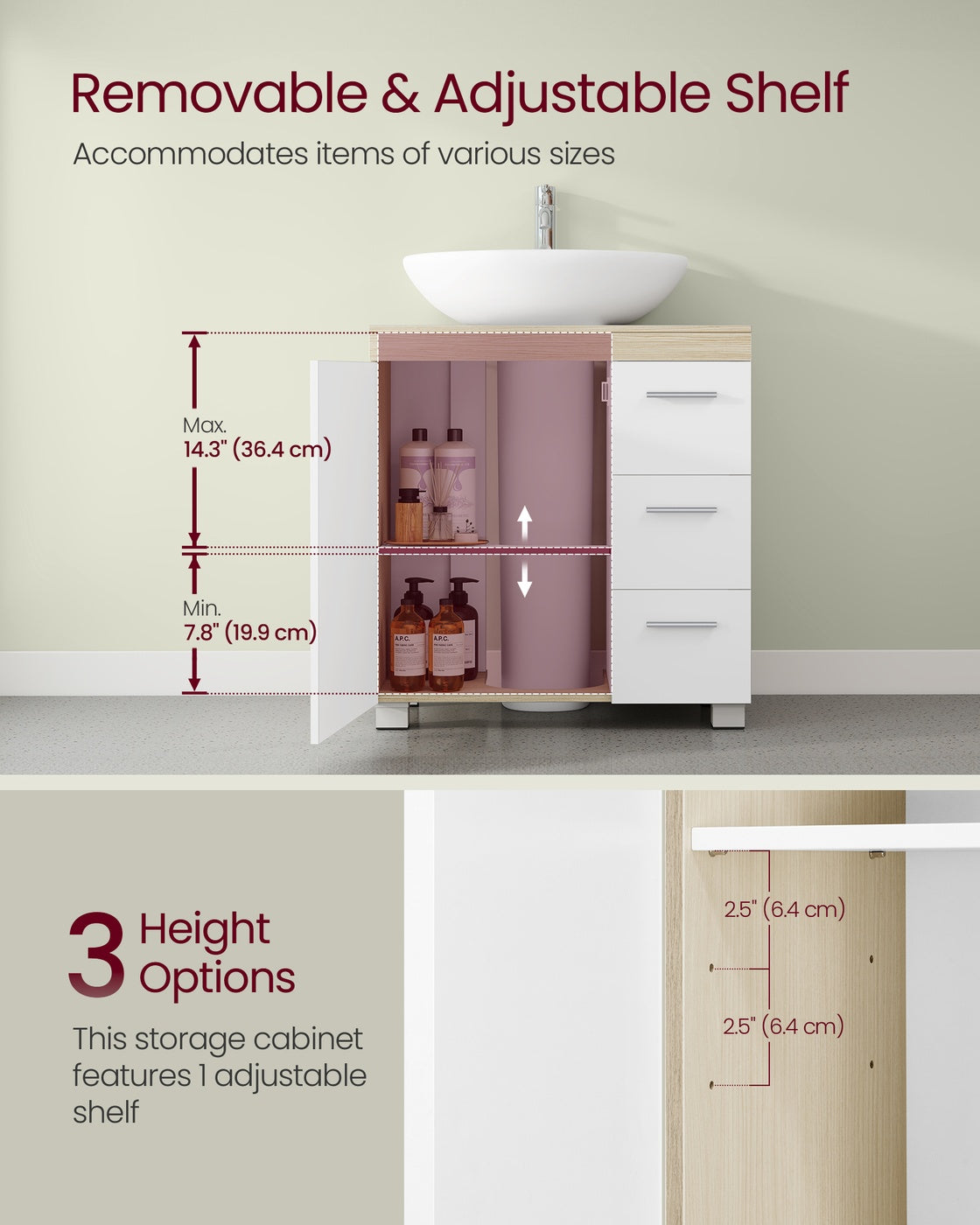 Under Sink Bathroom Cabinet 3 Drawers 2 Compartments - MDF and Wood - Cloud White and Natural Beige