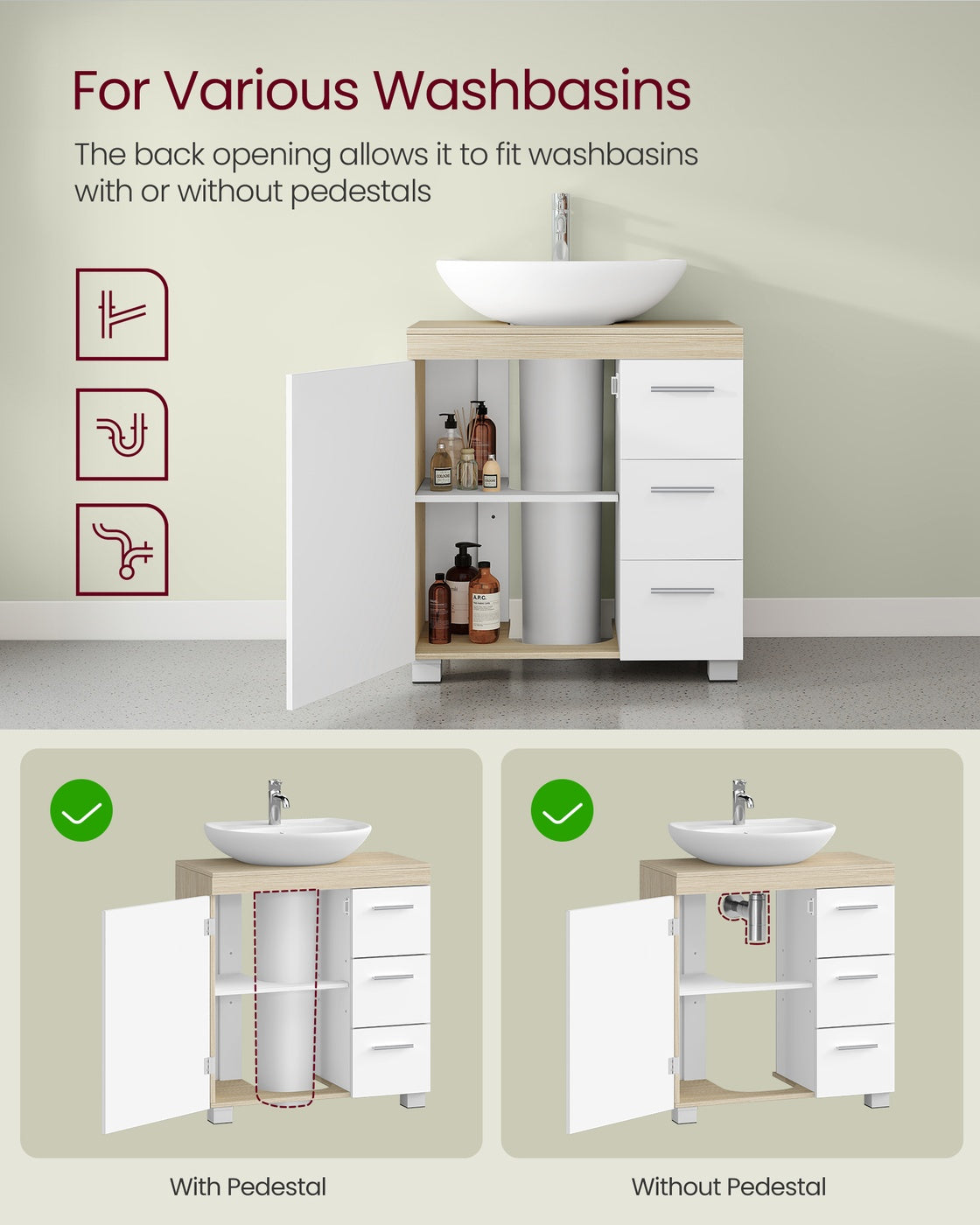 Under Sink Bathroom Cabinet 3 Drawers 2 Compartments - MDF and Wood - Cloud White and Natural Beige